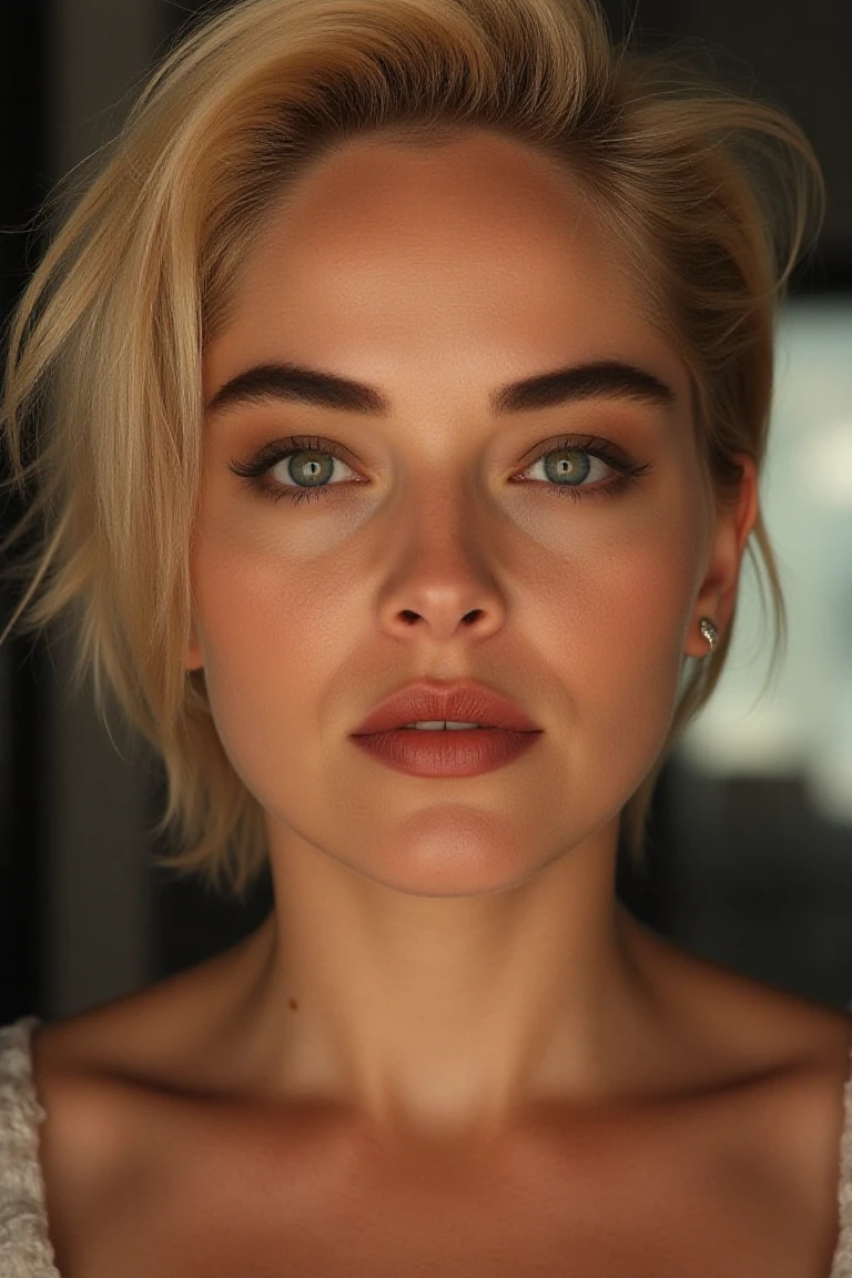 High quality realistic beauty shot of sharonsflx. she is a gorgeous blonde woman and she is posing in a studio room. It's framed tightly on her face with high key lighting. She is giving an intense and confident look. She has dramatic beauty shot make up. Short sleek hair.