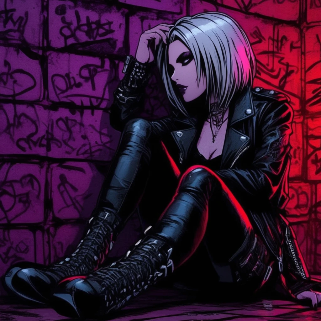 Gothic style  <lora:Gothicanimegirls:1> A dark fantasy woman with flowing silver hair and a spiked leather jacket is leaning casually against a graffitied wall backstage at a rock concert. The dim lighting is a mix of moody purples and reds, with shadows casting dramatic patterns. The shot is from a low angle, emphasizing her dominance and confidence, with a guitar resting against her knee. Ultra detailed textures and colores, highly vibrant image. . Dark, mysterious, haunting, dramatic, ornate, detailed