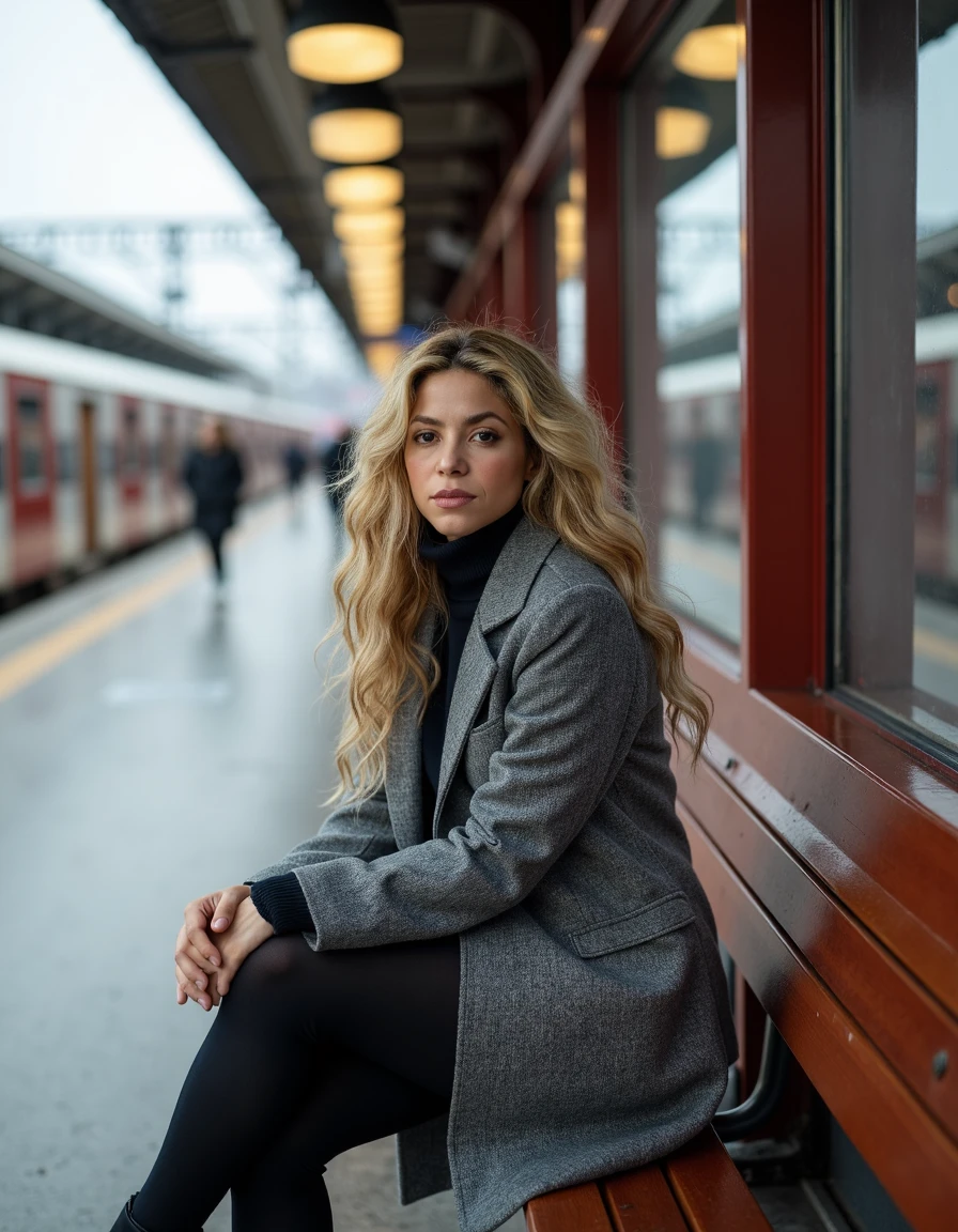 woman, shakira, Sitting on a bench at a train station wearing a grey wool coat, <lora:shakira:1>