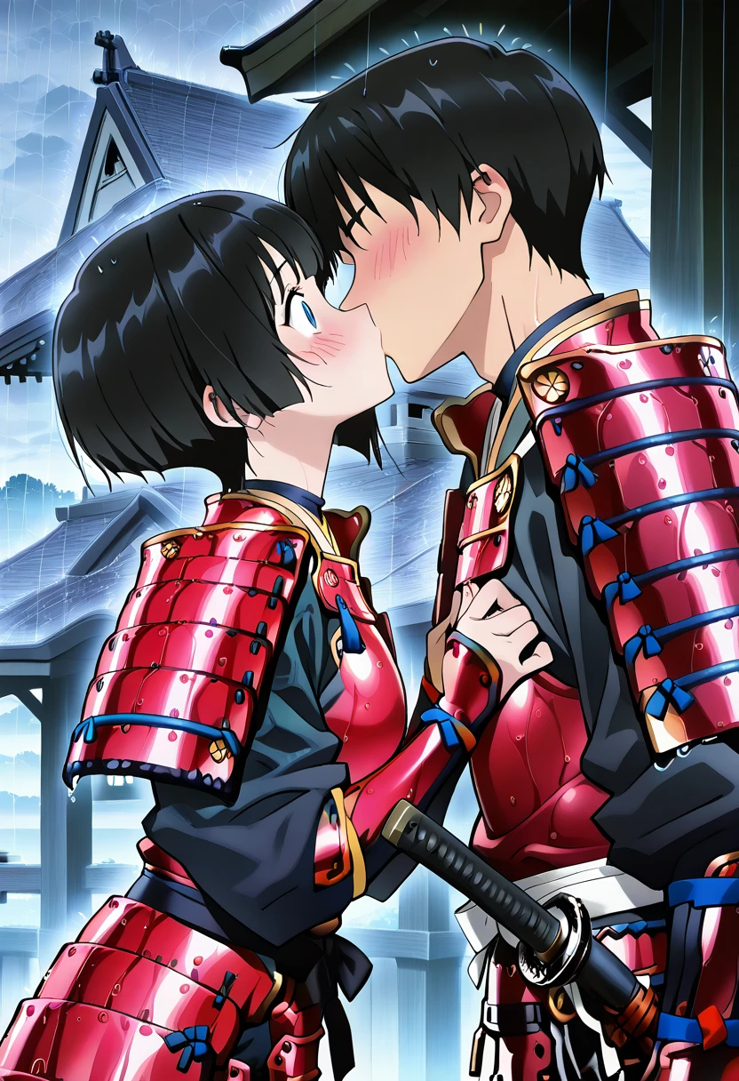 masterpiece, best quality, absurdres, detailed skin, anime colored, anime screencap,
1 girl, <lora:aki:0.8> , SaitoE, black hair,  <lora:samurai_armor_pony:0.8>,samurai, japanese armor, red armor, 
1 boy, black hair, faceless, faceless male,
<lora:surprise-kiss-ponyxl-lora-nochekaiser:1>, surprise kiss, kiss, surprised,  blush, boy kiss girl,
heavy rain, Japanese castle background,