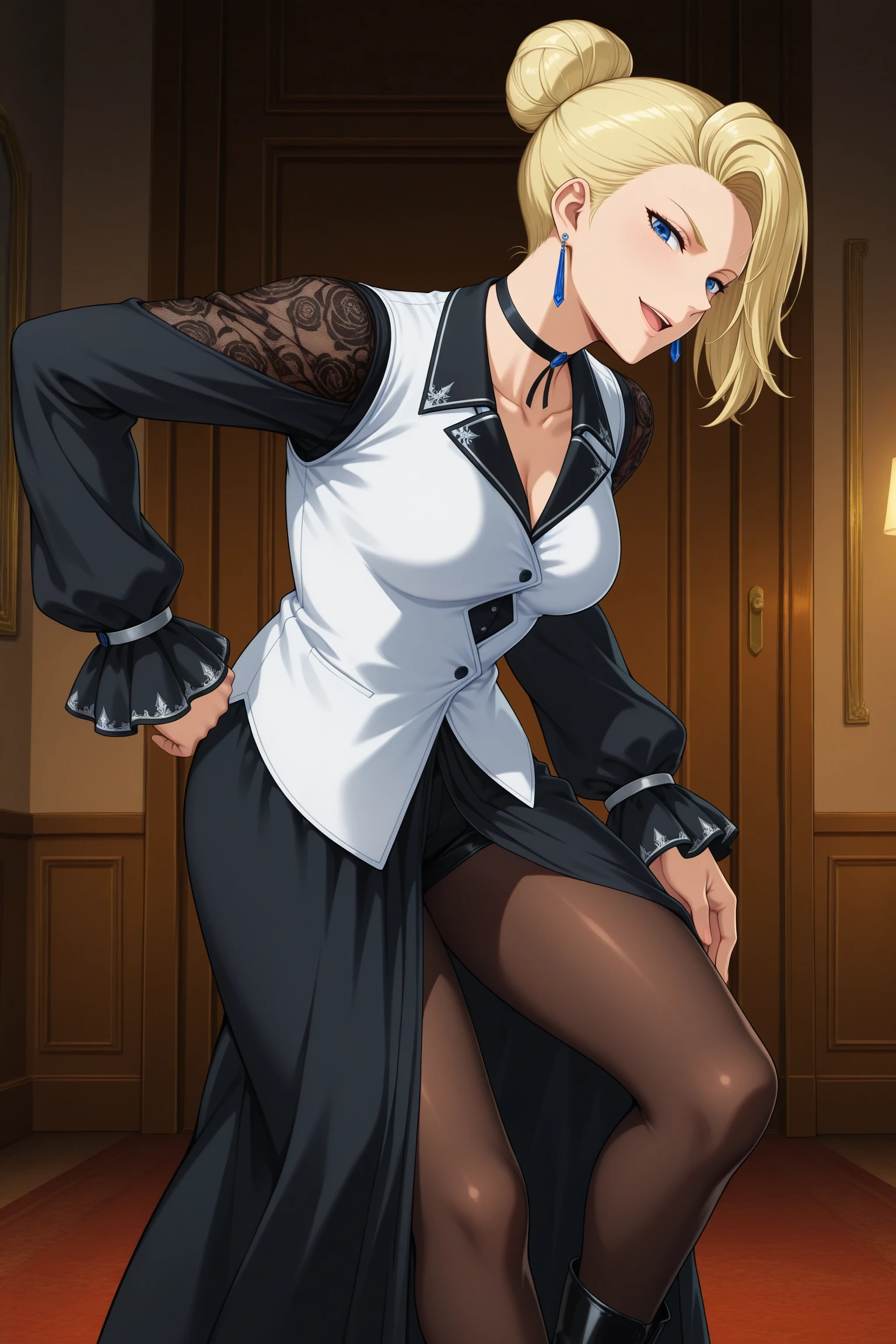 masterpiece, best quality, amazing quality, highres, absurdres, very aesthetic, high resolution, ultra detailed, perfect details, 1girl, looking at viewer, indoors, medium breasts, mature (kof), blonde hair, short hair, hair bun, hair over one eye, blue eyes, blue earrings, black dress, long dress, long sleeves, choker, white vest, clothing cutout, fishnet sleeves, frilled sleeves, front slit, black pantyhose, pantyhose under shorts, black shorts, short shorts, black footwear, high heel boots, <lora:Mature_KOF_XV_ILXL:0.8>, (aged up:1.5), (feet out of frame:1.5), anime coloring, anime screencap, (pose:1.3), smirk, open mouth