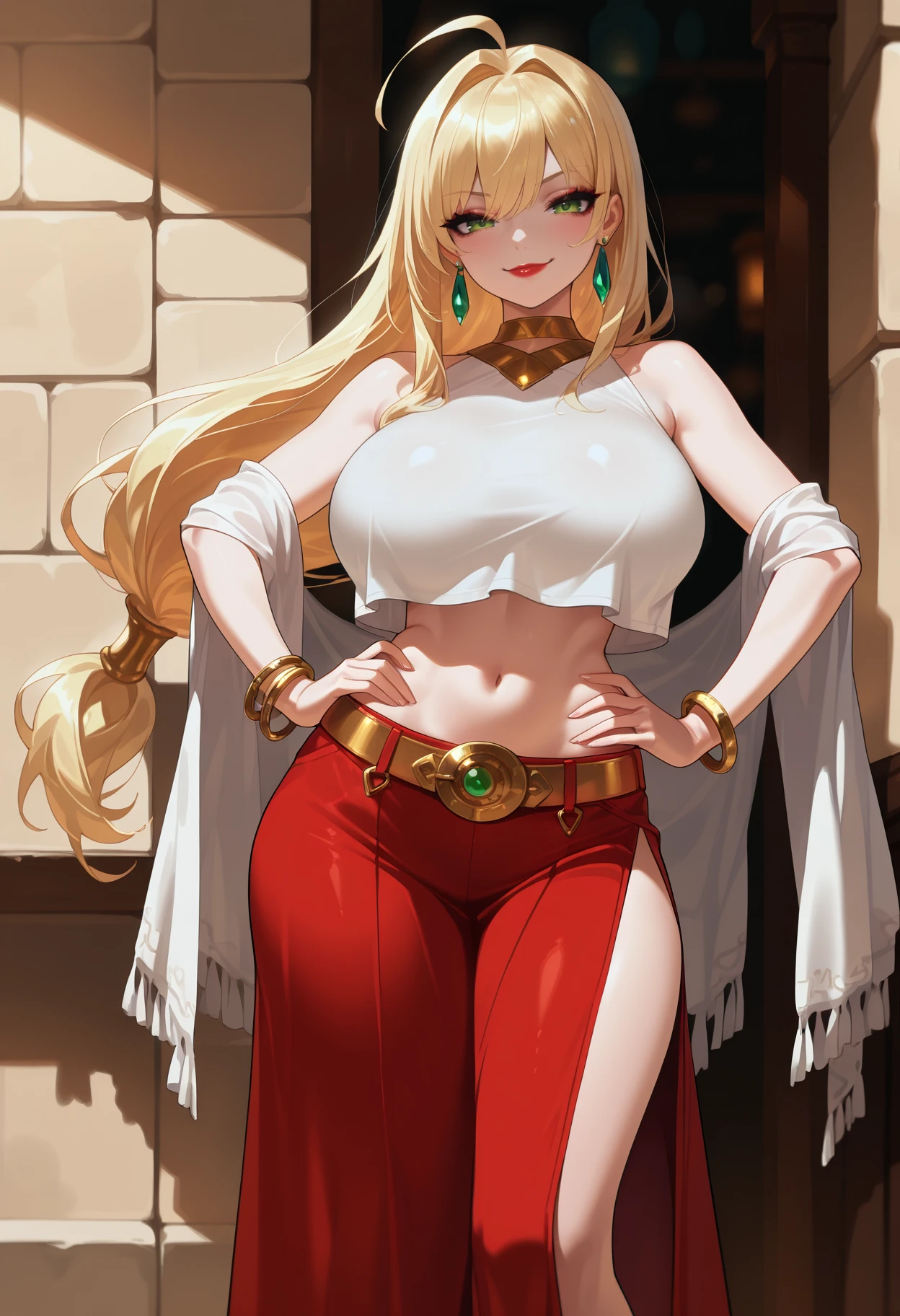 masterpiece, best quality,  1girl, seductive smile, <lora:Nero-IL-take4 unet:1>, ahoge, blonde hair, green eyes, hair intakes, long hair,  standing,  red lips, (big breasts:1.5), low-tied long hair,   slim waist, smug, , bare shoulders, bracelet, crop top, earrings, high heeled sandals, long skirt, side slit, midriff, navel, shawl, side slit, sleeveless croptop, crop top overhang,  gold belt, <lora:fftdnc-initium-ilxl:1>, wide hips, hands on hips,