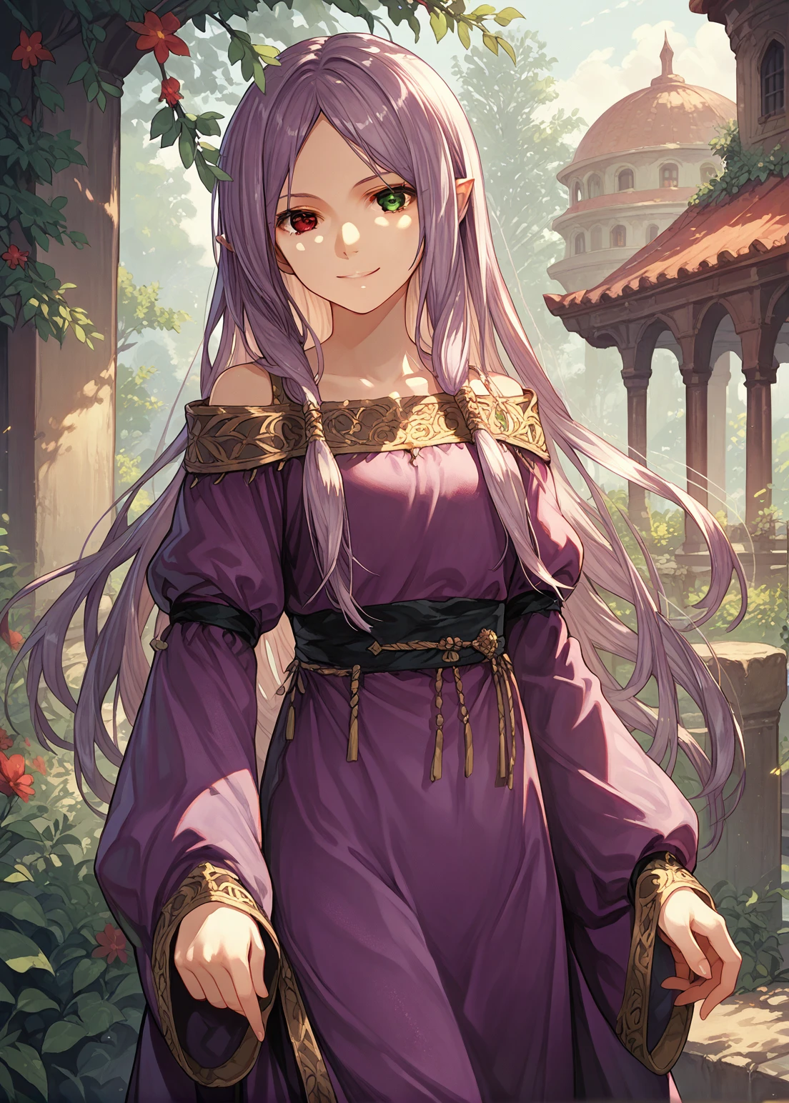 score_9, score_8_up, score_7_up, source_anime,solo, 1girl,
IdunnDefault, heterochromia,red eye,green eye, long hair,purple dress,
outdoors, looking at viewer, standing, cowboy shot, smile,  <lora:idunn_V1.0-000010:0.9>