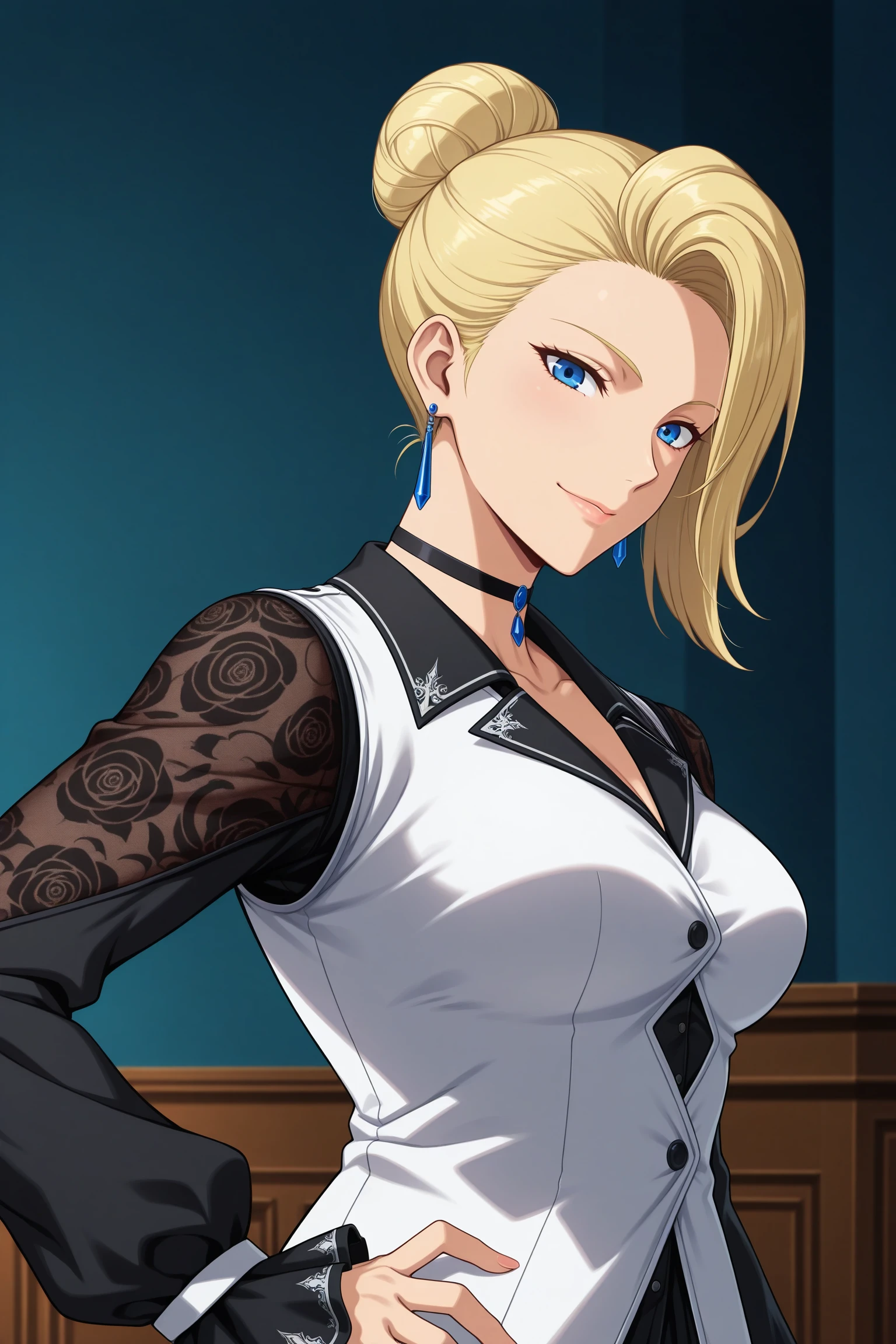 masterpiece, best quality, amazing quality, highres, absurdres, very aesthetic, high resolution, ultra detailed, perfect details, 1girl, looking at viewer, indoors, medium breasts, mature (kof), blonde hair, short hair, hair bun, hair over one eye, blue eyes, blue earrings, black dress, long dress, long sleeves, choker, white vest, clothing cutout, fishnet sleeves, frilled sleeves, front slit, black pantyhose, pantyhose under shorts, black shorts, short shorts, black footwear, high heel boots, <lora:Mature_KOF_XV_ILXL:0.8>, (aged up:1.5), (upper body:1.5), anime coloring, anime screencap, (pose:1.3), smile