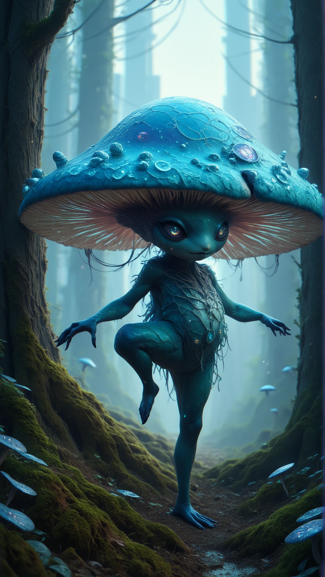 score_9, score_8_up, score_7_up, score_6_up <lora:MushroomHatPDXL:1>Teal_blue mushroomhat, forest creature, in location virtual cityscape, closeup, Side split with arms extended