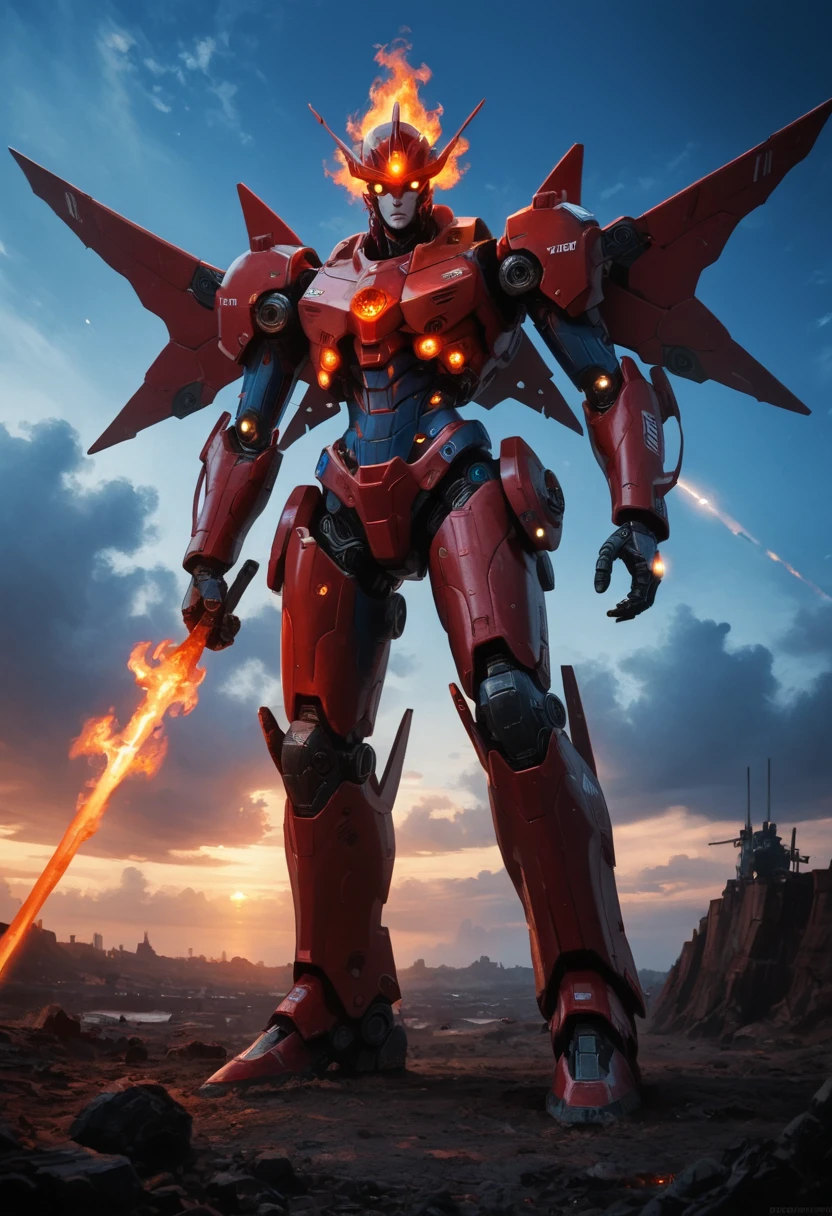 robot, (mecha), v-fin, flaming eye, realistic, ((wide shot)), ((glowing)), ((cinematic lighting)), sidelighting, blue sky, sky, cloudy sky