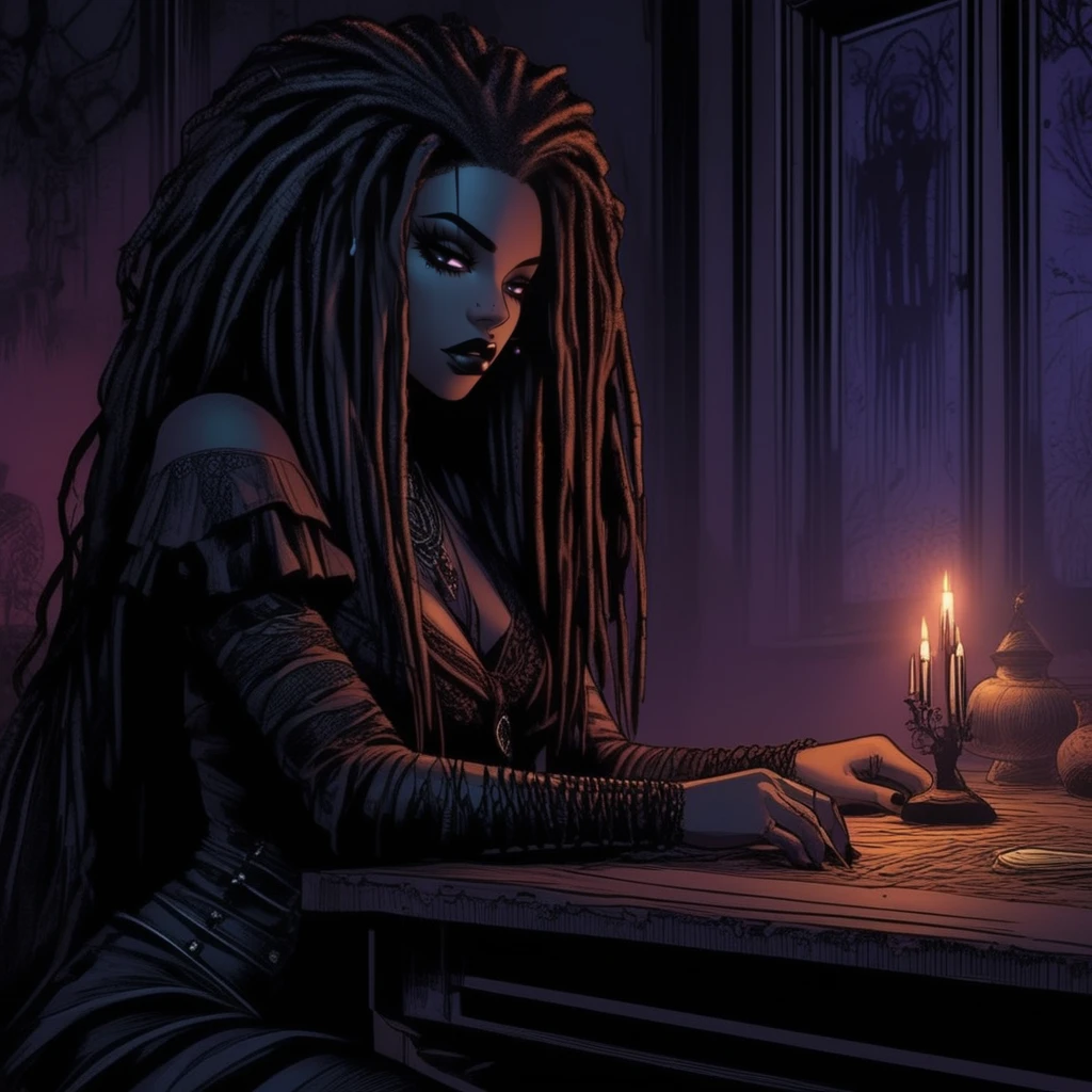 Gothic style  <lora:Gothicanimegirls:1>A black voodoo woman with beautiful dreadlocks, curvy and sitting at a table, holding a voodoo doll with pins. The scene is dimly lit with a mysterious, eerie atmosphere, highlighting her intense expression and intricate details of her outfit. The background features a shadowy, ritualistic setting with scattered voodoo elements, adding to the mystical and intriguing nature of the scene. Ultra detailed textures and colores, highly vibrant image. . Dark, mysterious, haunting, dramatic, ornate, detailed