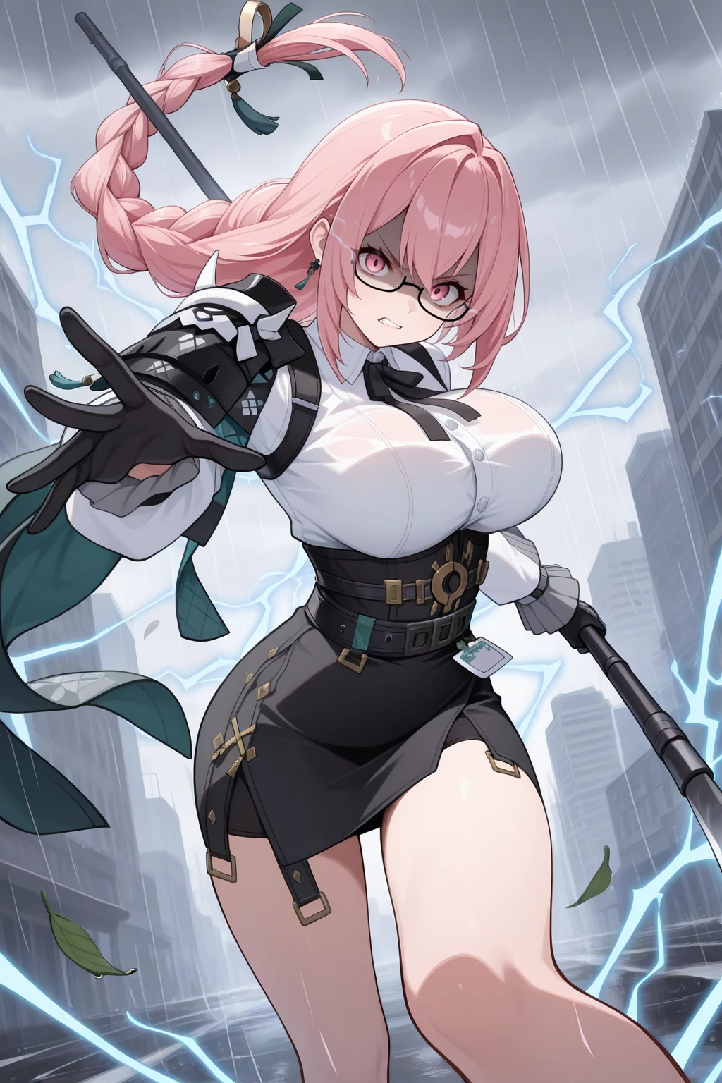 masterpiece, best quality, looking at viewer, angry, 1girl, yngtskchr, large breasts, pink eyes, pink hair, long hair, hair between eyes, sidelocks, braided ponytail, hair ring, ring hair ornament, hair ribbon, green ribbon, earrings, under-rim eyewear, shoulder armor, black neck ribbon, white dress shirt, frilled sleeves, black wrist belt, belt around waist, black belt, underbust, high-waist skirt, black skirt, id card, black gloves, holding polearm, naginata, (electricity:1.6), dynamic pose, slashing, motion lines, foreshortening, outdoors, urban, rain, overcast, storm, wind, falling leaves, shaded face, eye trail, darkness, <lora:Hoseki_ZenlessZoneZero_YanagiTsukishiro_IllustriousXL_v1:1>