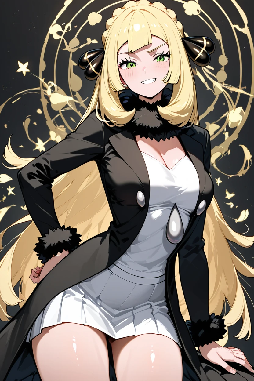 score_9, score_8_up, score_8, medium breasts, (curvy), cute, eyelashes,       ,,,  zzCLillieCitron, green eyes, blonde hair, hair ornament, hair ribbon, long hair, long sleeves, fur trim, braid, coat, white skirt, white shirt, black coat, lillie (pokemon),  <lora:CynthiaLilliePDXL:1>, cowboy shot, hand on hip, smug, smile, looking at viewer, shiny skin, embedding:zPDXL, Expressiveh, <lora:SDXLFaeTastic2400:0.5>,  <lora:Expressive_H-000001:0.4>,