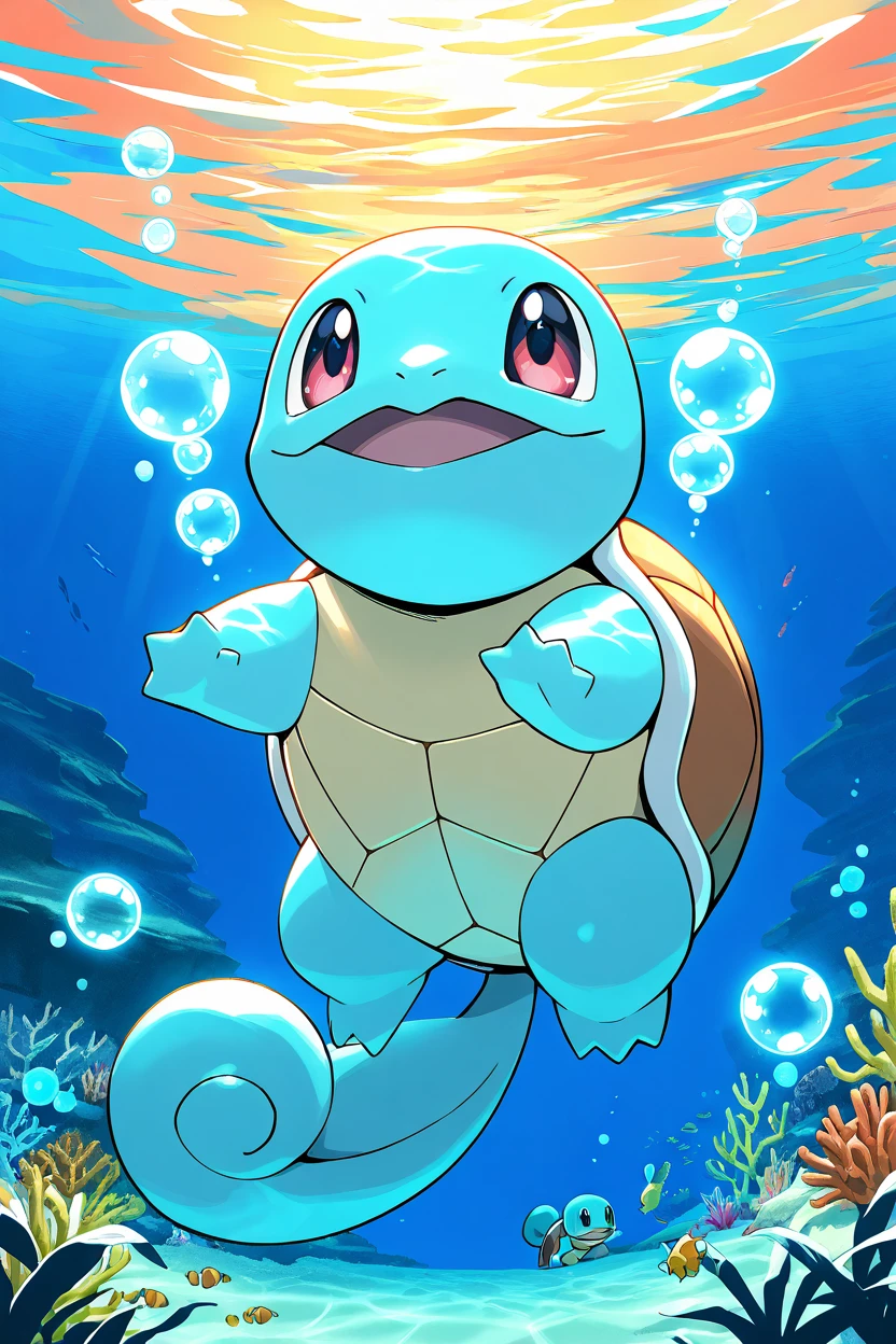 masterpiece, best quality,   <lora:SquirtlePokedexIXL:1.0>,  zzSquirtle,   diving underwater, glowing bubbles surrounding, playful and curious expression, soft and colorful underwater lighting, detailed underwater scenery