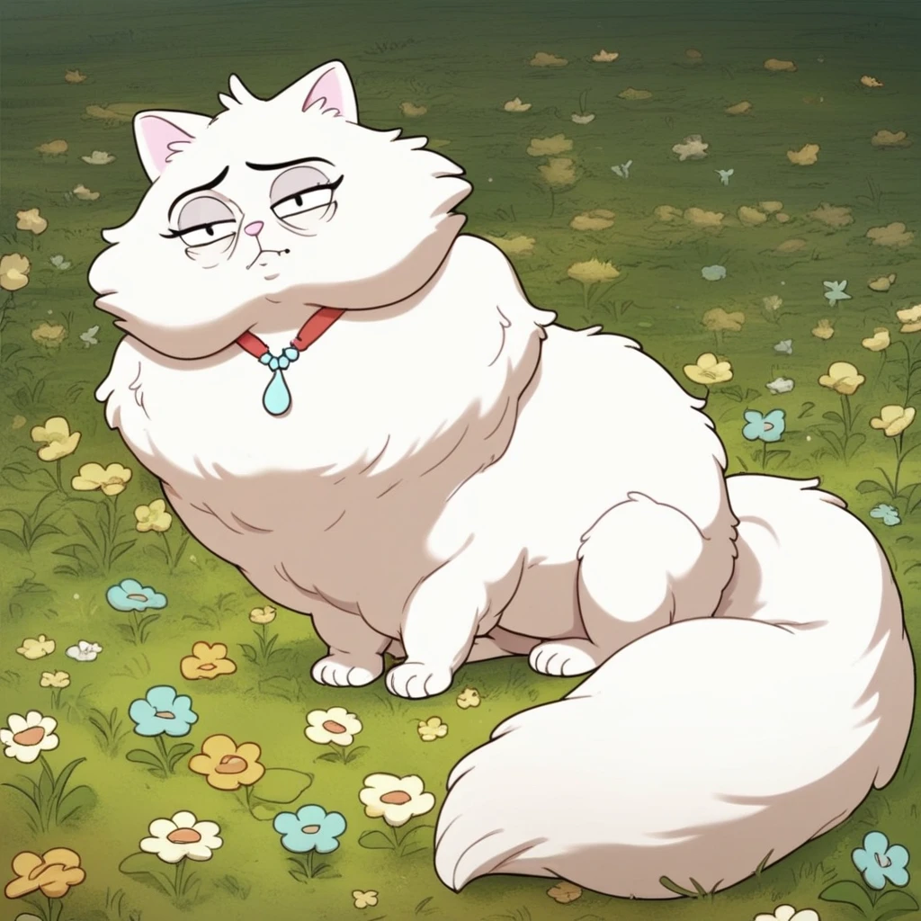 score_9, score_8_up, score_8, score_7, source_cartoon, Solo, 1girl, feral, Persian cat, catgirl, mature female, facial wrinkles, white fur, fluffy fur, fluffy tail, long tail, black eyes, small body, stubby legs, sharp teeth, full body, looking at viewer, sitting, eyes half closed, flower field setting,