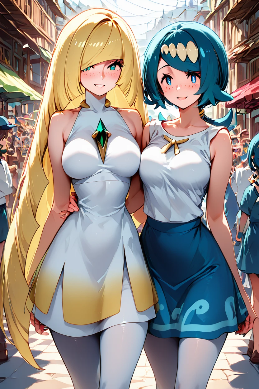 score_9, score_8_up, score_8, medium breasts, (curvy), cute, eyelashes,      ,,,  2girls, LsLm,  zzLanasMother, lana's mother (pokemon)  blue hair, blue eyes, long hair, freckles, large breasts, hair ornament, white shirt, blue skirt  zzLusamine, green eyes, blonde hair, long hair, very long hair, hair over one eye, bangs, white dress, sleeveless dress, diamond (shape), green gemstone, bare shoulders, white leggings, outdoor market, bustling streets, colorful stalls, vibrant fabrics, food vendors, lively crowd, two women exploring, laughing together, holding shopping bags, examining jewelry, warm sunlight, festive atmosphere, casual outing, detailed background, <lora:LusamineLamamaPDXL_v2:1.0>  ,,,  ,,, smile, looking at viewer,  abstract background, white outline,  ,,, embedding:zPDXL, Expressiveh, <lora:CatalystStylePDXL:0.6>,  <lora:SDXLFaeTastic2400:0.5>,  <lora:Expressive_H-000001:0.4>,