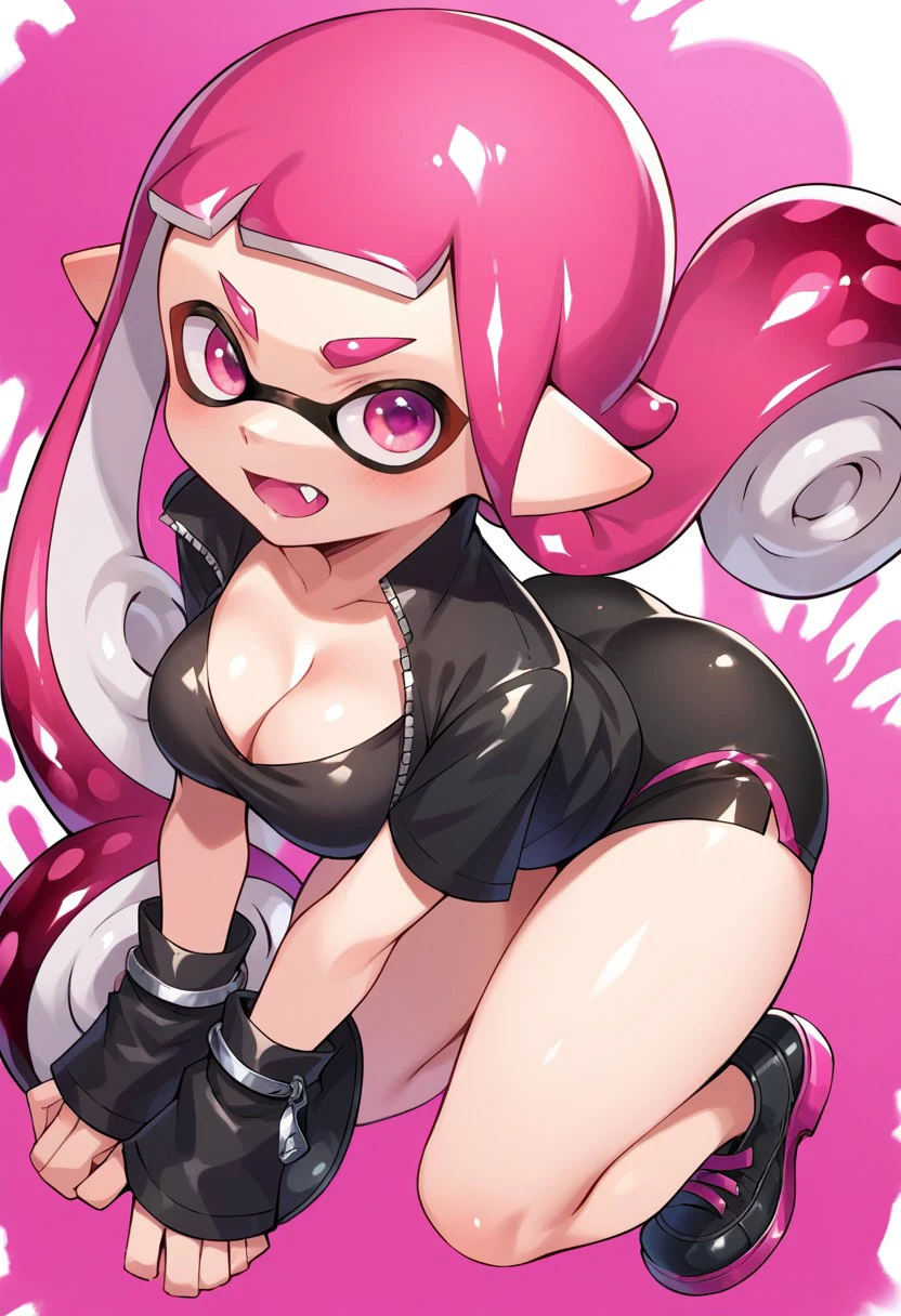 score_9, score_8, score_7, source_anime, inkling girl, thighs, fang, splattershot (splatoon), cleavage, pink eyes, ass, black footwear, upper body, medium breasts, jewelry