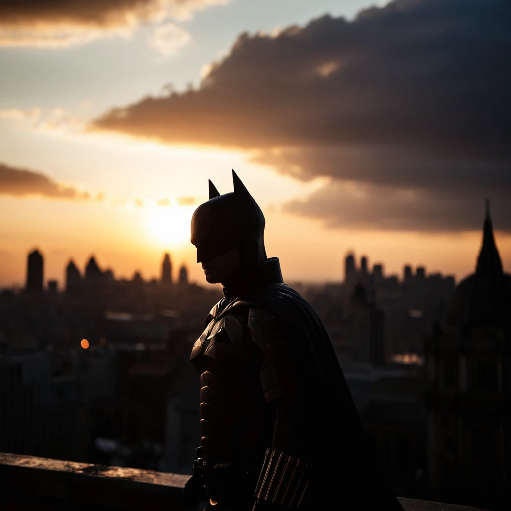 cinematic film still of  <lora:dark cinematic the batman 2022 xl:0.9>
a batman silhouetted against a sunset over a city, detailed background, cinematic shadows, cinematic dark color, chiaroscuro style, perfect cinematic image, perfect body, perfect anatomy, sharp image, detailed image, high quality photography, cinematic skin tone color, cinematic skin pore, cinematic photography style, dark cinematic style, solo, outdoors, sky, cloud, blurry, no humans, building, scenery, sunset, city, silhouette, cityscape, architecture
, shallow depth of field, vignette, highly detailed, high budget, bokeh, cinemascope, moody, epic, gorgeous, film grain, grainy