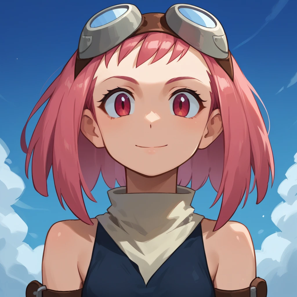 score_9, score_8_up, score_7_up, BREAK best quapoty, absurdres, highres, source_anime, <lora:PDXL_MML3Aero-000007:1> MML3Aero, headshot, portrait, 1girl, smile, goggles on head, detached sleeves, closed mouth, blue sky