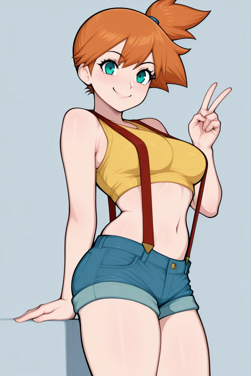 masterpiece, best quality, medium breasts,,, zMisty, green eyes, orange hair, short hair, side ponytail, shorts, suspenders, midriff, yellow crop top, navel, denim shorts,,, <lora:MistyPokemonIXL:1.0>,,, smile, looking at viewer, cowboy shot,    <lora:AfrobullIXL_v1:1.0>,  upper body, side view, smile, looking at viewer, shiny skin,