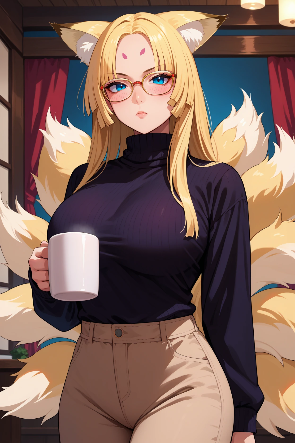 score_9, score_8_up, score_7_up, score_6_up, source_anime, 1girl, solo, <lora:omachi-pdxl-nvwls-v1-000005:1> rncomc, blonde hair, long hair, fox ears, blue eyes, fox tail, multiple tails, facial mark, large breasts, black sweater, turtleneck, glasses, beige pants, holding mug, indoors, looking at you, blush