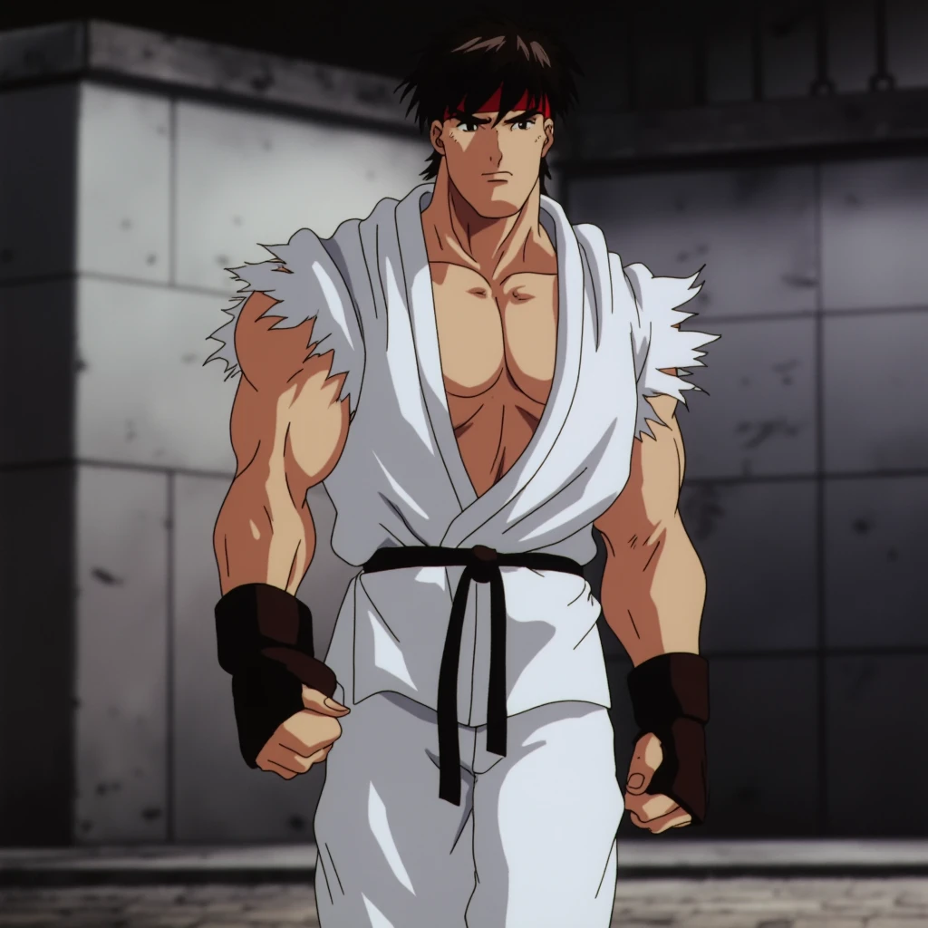 cinematic film still of  <lora:street fighter style v1:0.1>
 <lora:Ryu Hoshi v1:0.8>
Ryu Hoshi In 1990's cartoon style a man in a white karate outfit, perfect image, perfect body, perfect anatomy, sharp image, detailed image, cinematic cartoon style, high quality cartoon color style, street fighter style, Ryu Hoshi style, protagonist, hero, full shot, solo, black hair, gloves, standing, full body, barefoot, belt, fingerless gloves, torn clothes, muscular, headband, muscular male, pectorals, clenched hands, pectoral cleavage, dougi, torn sleeves, ryu (street fighter), shallow depth of field, vignette, highly detailed, high budget, bokeh, cinemascope, moody, epic, gorgeous, film grain, grainy