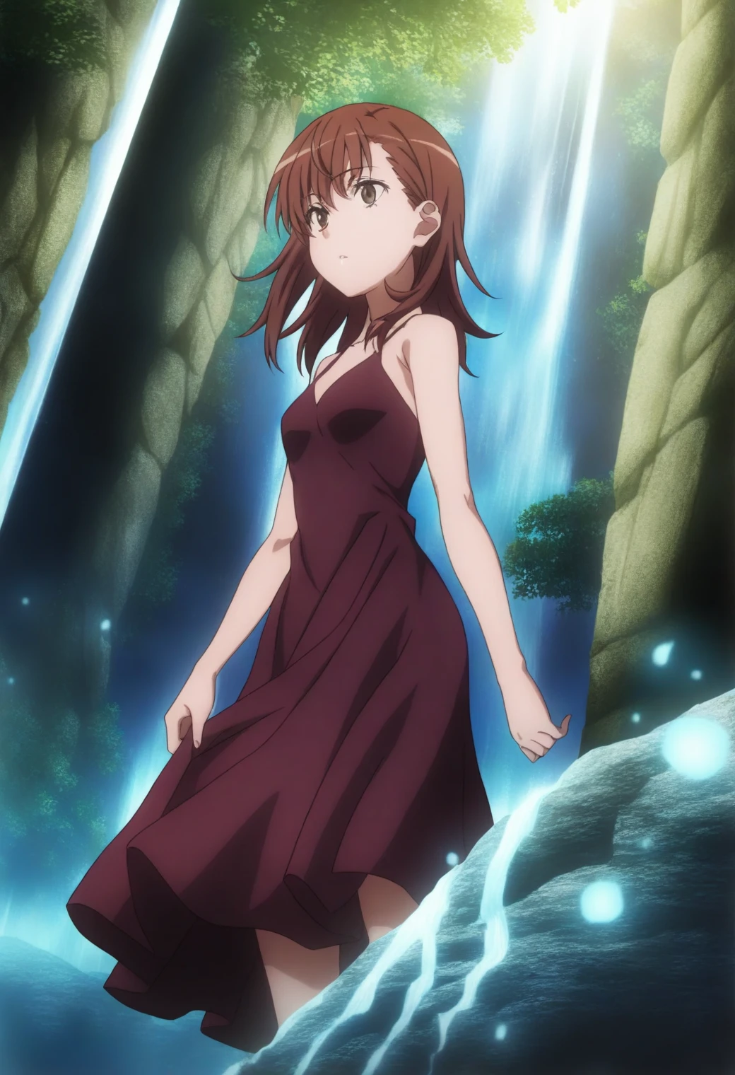 <lora:Mikoto Misaka - [A Certain Scientific Railgun] - illustriousXL v1:1>, sysdeep_mikoto, brown hair, brown eyes, medium hair, enchanted waterfall, standing beneath, flowing dress, glowing water, serene magic