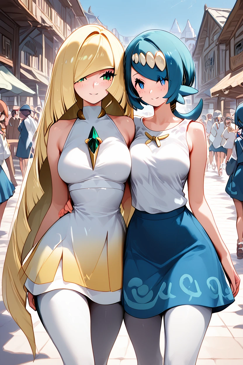 score_9, score_8_up, score_8, medium breasts, (curvy), cute, eyelashes, ,,,  LsLm, long hair, blush, smile, short hair, open mouth, blue eyes, skirt, blonde hair, large breasts, shirt, dress, bare shoulders, very long hair, closed mouth, green eyes, blue hair, collarbone, white shirt, pantyhose, hairband, outdoors, sky, sleeveless, day, white dress, yuri, looking at another, blue skirt, bare arms, sleeveless dress, holding hands, bright pupils, eye contact, freckles, walking, white pupils, mature female, leggings, yellow hairband, crowd, people, zzLamama, zzLusamine,  <lora:LusamineLamamaPDXL_v2:1.0>   ,,, ,,, embedding:zPDXL, Expressiveh, <lora:Expressive_H-000001:0.4>,  <lora:ProAnime_PDXL_v1:0.8>,