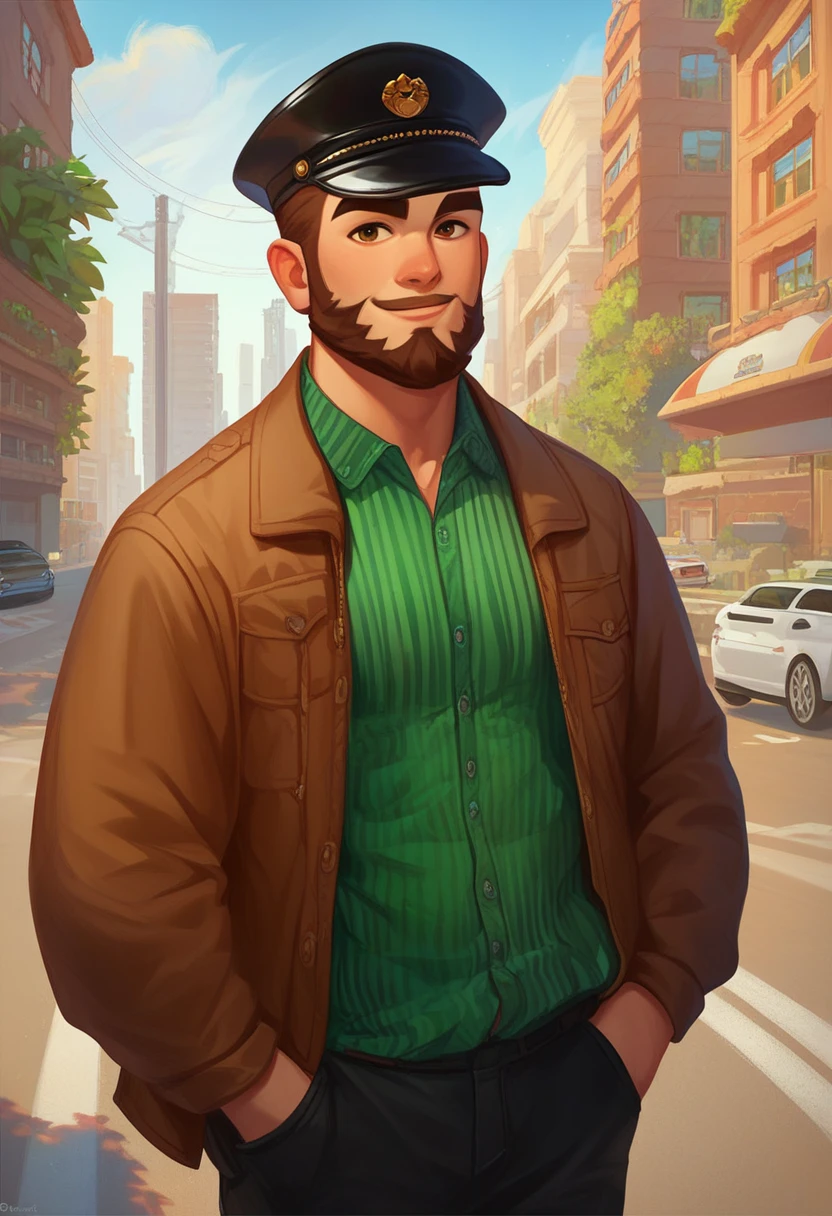 score_9, score_8_up, score_7_up, score_9, score_8_up, score_7_up, casual game art style, casual game art, mobile game art, merge 3 game art, character design, 1boy, male focus, solo, plump, facial hair, short hair, beard, brown hair, sideburns, thick eyebrows, smile, black pants, brown jacket, (green horizontal striped shirt), collared shirt, black peaked cap, open clothes, holding disposable coffee cup, hand in pocket, cowboy shot, looking at viewer, outdoors, city, cars, road, taxi