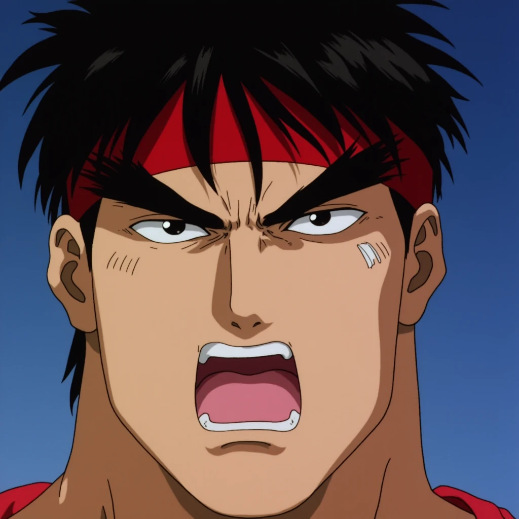 cinematic film still of  <lora:street fighter style v1:0.8>
Ryu Hoshi In 1990's cartoon style a man with a red bandana on his head, perfect image, perfect body, perfect anatomy, sharp image, detailed image, cinematic cartoon style, high quality cartoon color style, street fighter style, Ryu Hoshi style, from below, closeup, solo, simple background, black hair, teeth, black eyes, blue background, headband, thick eyebrows, portrait, clenched teeth, close-up, red headband, ryu (street fighter), short hair, sweatdrop, dougi, anime coloring, parody, style parody, retro artstyle, shallow depth of field, vignette, highly detailed, high budget, bokeh, cinemascope, moody, epic, gorgeous, film grain, grainy