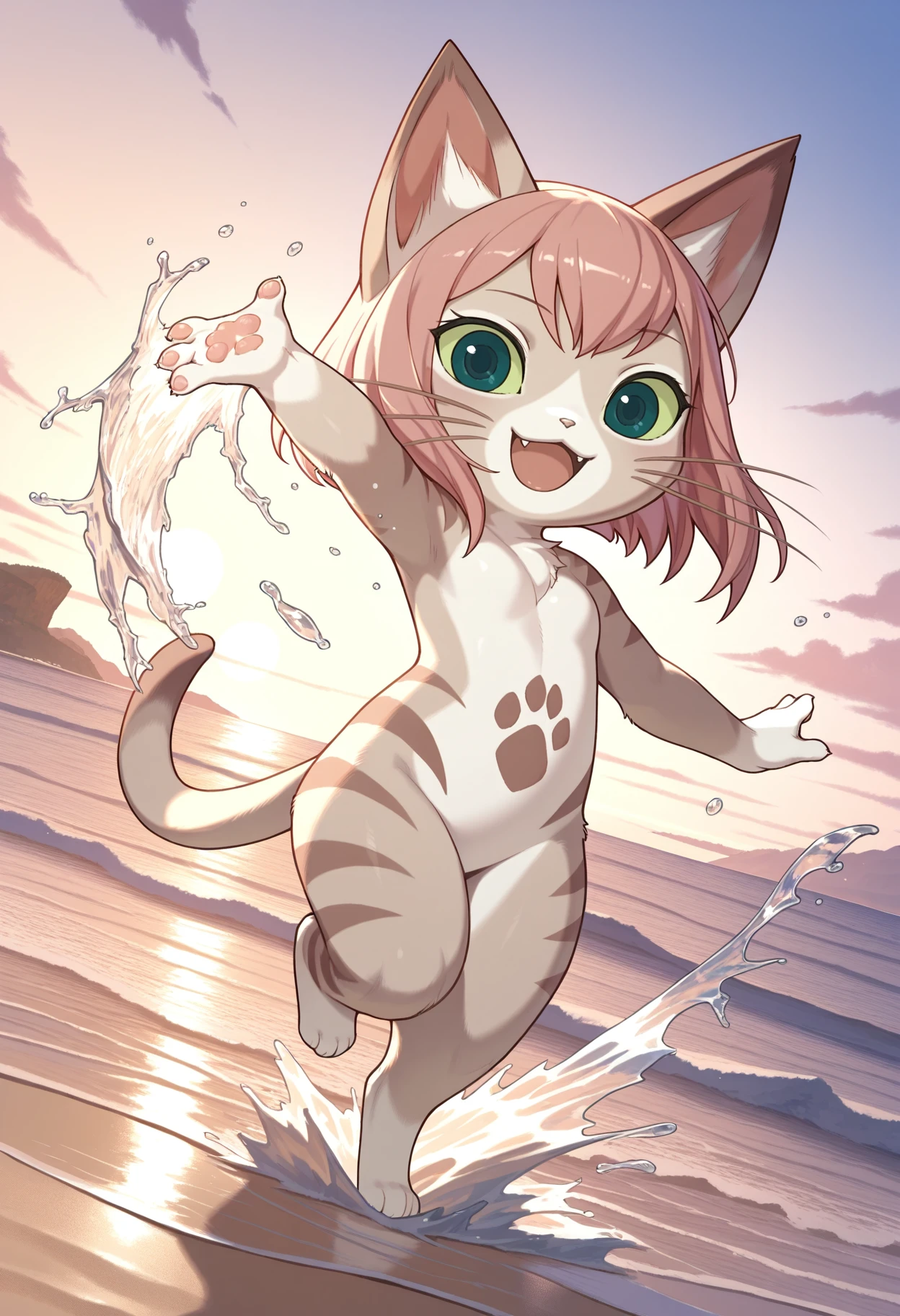 [Tsukino IL showcase::0] masterpiece, best quality, Tsukino \(Monster Hunter Stories\), female furry, felyne, brown fur, two tone fur, pink hair, green eyes, colored sclera, cat tail, pawprint marking, whiskers, digitigrade, nude, bob cut, on model,
happy, splashing, 
detailed background, beach, dynamic angle, 
<lora:TsukinoIL_v2:1.0>