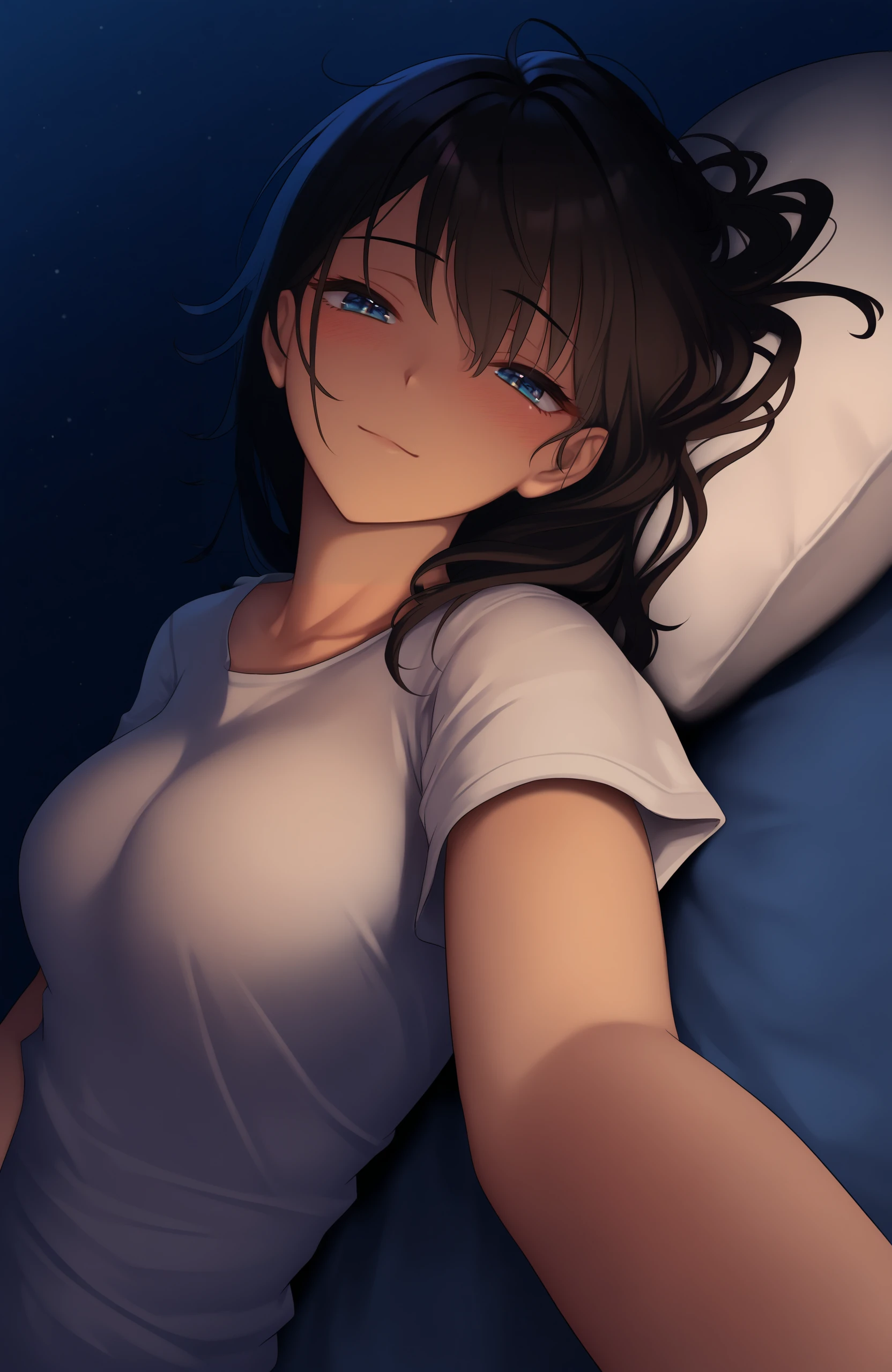 masterpiece, best quality, 1girl, bedroom, night dark room, sleepy, looking at viewer, on side, on back, pov, shirt, dutch angle, (messy hair:0.5), (blush:0.5), (smile:0.6), pillow, moonlight, reaching towards viewer