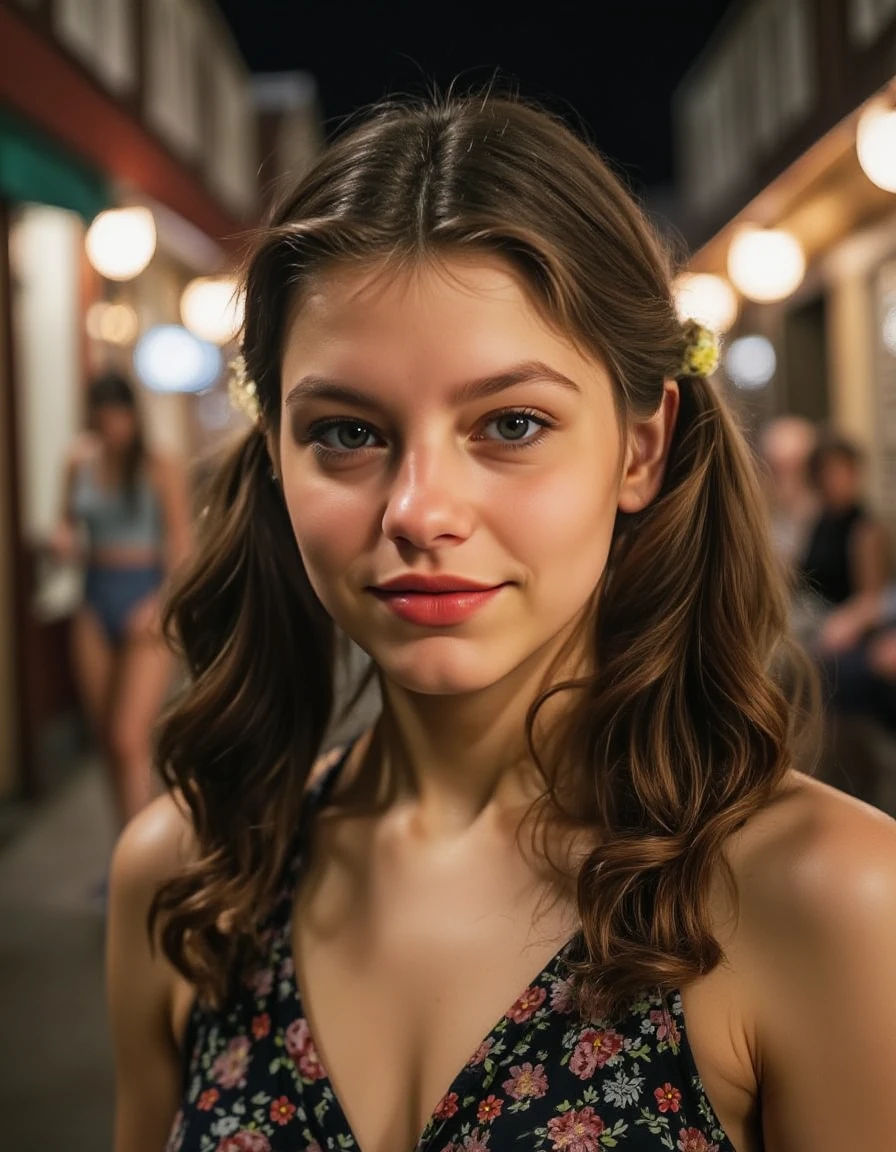 full body picture of a young woman wearing a summer dress, in a crowded street at night, pigtails, professional, atmospheric haze, excellent dynamic range, masterpiece, excellent quality, ultra detailed, subtle lighting, soft focus, detailed shadows