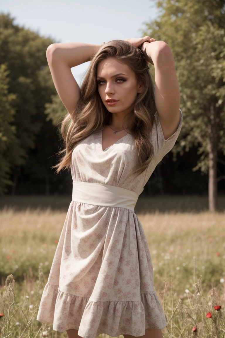 cinematic photo Dutch angle, intricate details,  (best quality), (masterpiece), (realistic), (intricate),  <lora:JadeVenusQuiron_v05i03e25t05_Lora:0.87> jadevenusQuiron woman, 1girl, solo, makeup, , Standing in a field of wildflowers, she raises her arms, embracing the beauty of nature, Dolce & Gabbana rose-printed cotton-poplin dress, . 35mm photograph, film, bokeh, professional, 4k, highly detailed