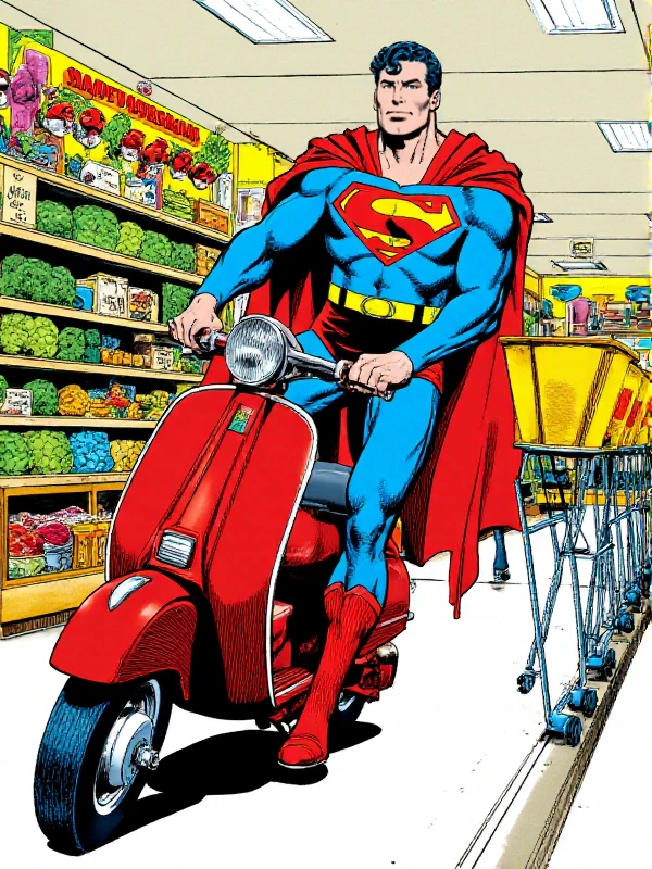 <lora:John_Byrne_Style:0.9> john byrne style, superman is grocery shopping in a wallmart. He is on a scooter