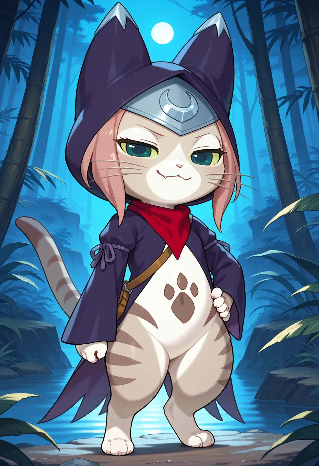 [Tsukino IL showcase::0] masterpiece, best quality, Tsukino \(Monster Hunter Stories\), female furry, felyne, brown fur, two tone fur, pink hair, green eyes, colored sclera, cat tail, pawprint marking, whiskers, digitigrade, purple robe, animal hood, red neckerchief, forehead protector, satchel, bottomless, on model,
Standing, hand on own hip, smug, half-closed eyes, looking at viewer,
detailed background, jungle, (moonlight:1.2), dark, blue night, outside, backlighting,
<lora:TsukinoIL_v2:1.0>