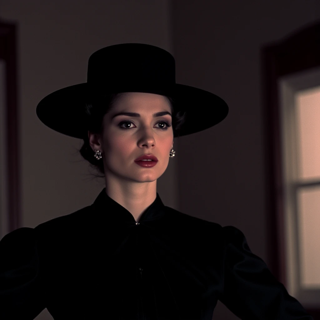 cinematic film still of <lora:1900 Twentieth Century Dracula 1992 style v1:0.9>
1900 Twentieth Century In 1897 London Mina Murray Elisabeta a pale skin woman with a black hat and a black dress and reflective shinny eyes, 1girl, solo, looking at viewer, short hair, black hair, long sleeves, hat, jewelry, upper body, earrings, parted lips, indoors, black eyes, lips, window, black headwear, makeup, glowing, lipstick, glowing eyes, red lips, black lips, horror, scary, thriller, 1980's style, themed, sharp, detailed, epic cinematic photography, artistic, dramatic light, cinematic color style, Kodak film style, Bram Stoker Dracula style, dress, pale skin, shallow depth of field, vignette, highly detailed, high budget, bokeh, cinemascope, moody, epic, gorgeous, film grain, grainy