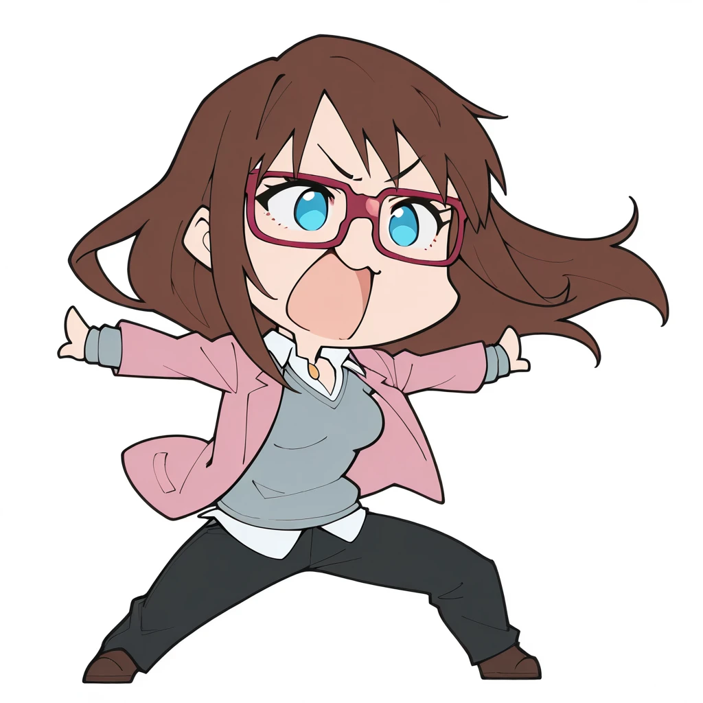 masterpiece, best quality, 2d, flat color, chibi, mari-end <lora:Degen_Mari_End_Illustrious_v1:1> brown hair, glasses, excited, red-framed eyewear, pink jacket, grey sweater, breasts, collared shirt, untucked shirt, pants, gold jewelry, brown footwear, solo, legs apart, white background, blue eyes,