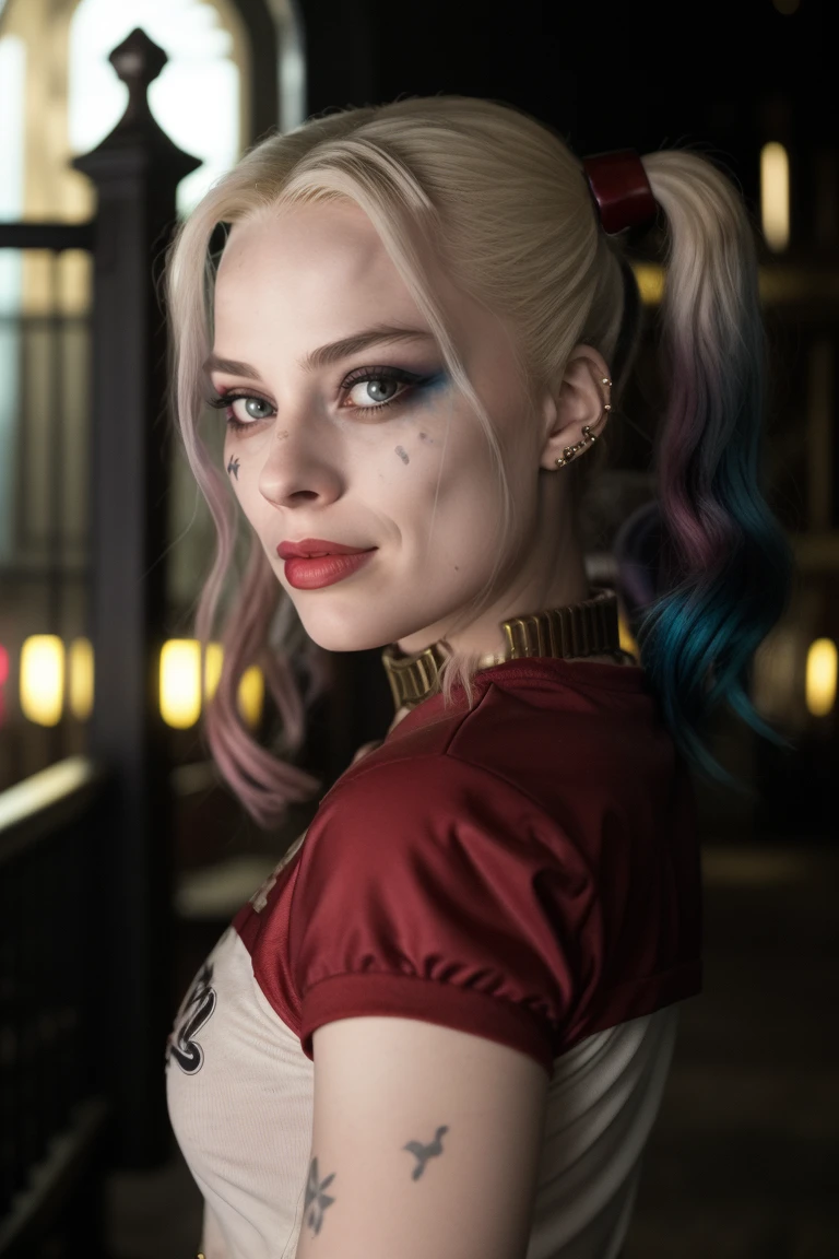 cinematic photo Dutch angle, intricate details,  (best quality), (masterpiece), (realistic), (intricate), <lora:quiron_harleyQuinnMargot_v010330_Lora:0.77> harleyquinnMargotQuiron, 1girl, makeup, twintails, multicolored hair, solo, Leaning against a wrought-iron gate, she holds a single red rose, a symbol of love and passion, . 35mm photograph, film, bokeh, professional, 4k, highly detailed