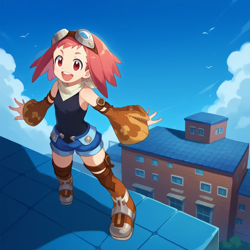 score_9, score_8_up, score_7_up, BREAK best quapoty, absurdres, highres, source_anime, <lora:PDXL_MML3Aero-000007:1> MML3Aero, 1girl, blue short shorts, smile, boots, detached sleeves, goggles on head, full body, open mouth, thighhighs, blue sky, rooftop