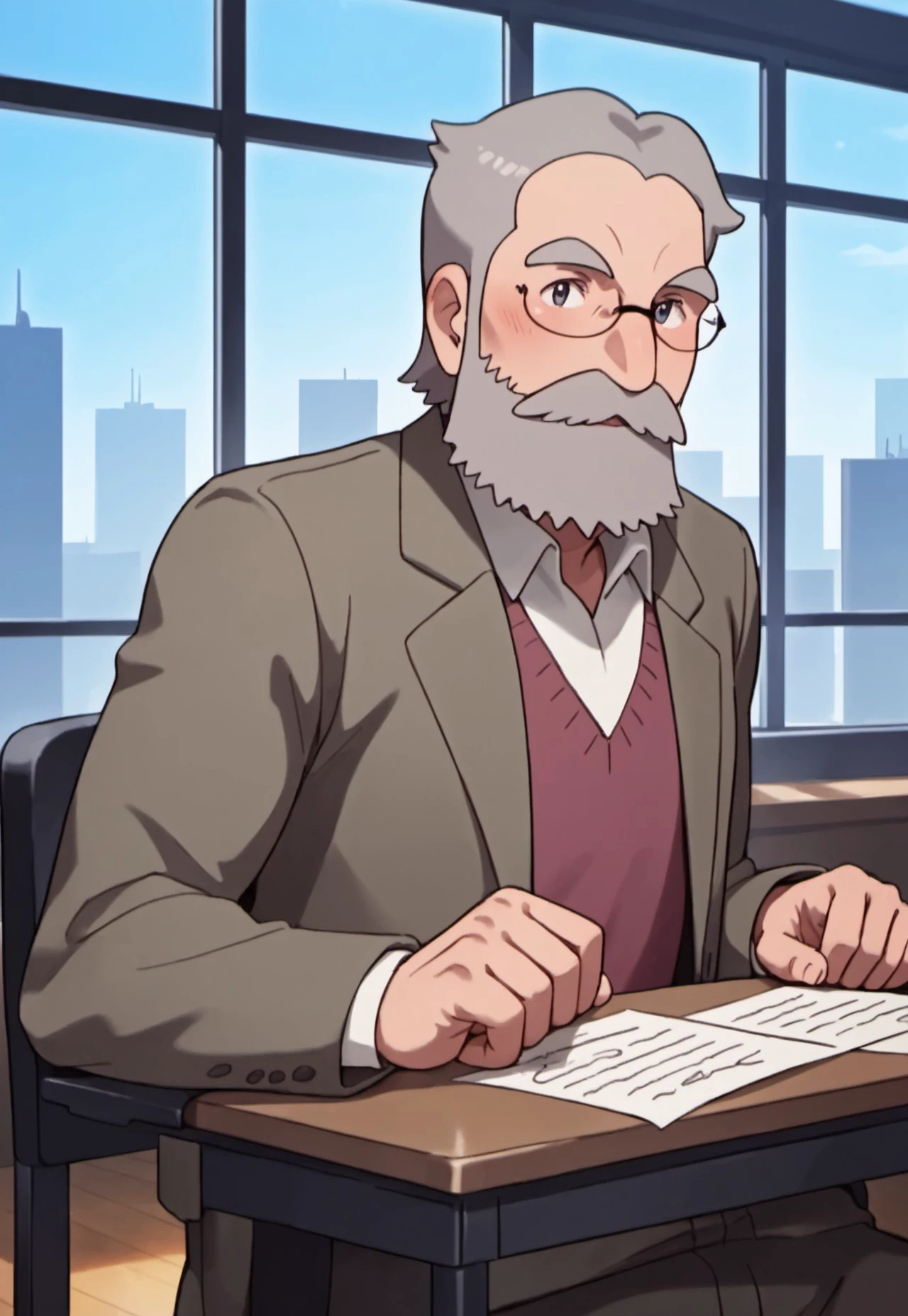 safe_pos, score_9, score_8_up, score_7_up, source_anime, rating_nsfw, ultra hd, absurdres, solo, masterpiece, best quality, best aesthetic, Expressiveh, wolfconf, burankoprn!, 1boy

PokemonAmbretteMayor, grey hair, beard, glasses, mustache, jacket, brown jacket, red collar shirt, sitting down at desk, wooden desk, office, grand window, writing papers