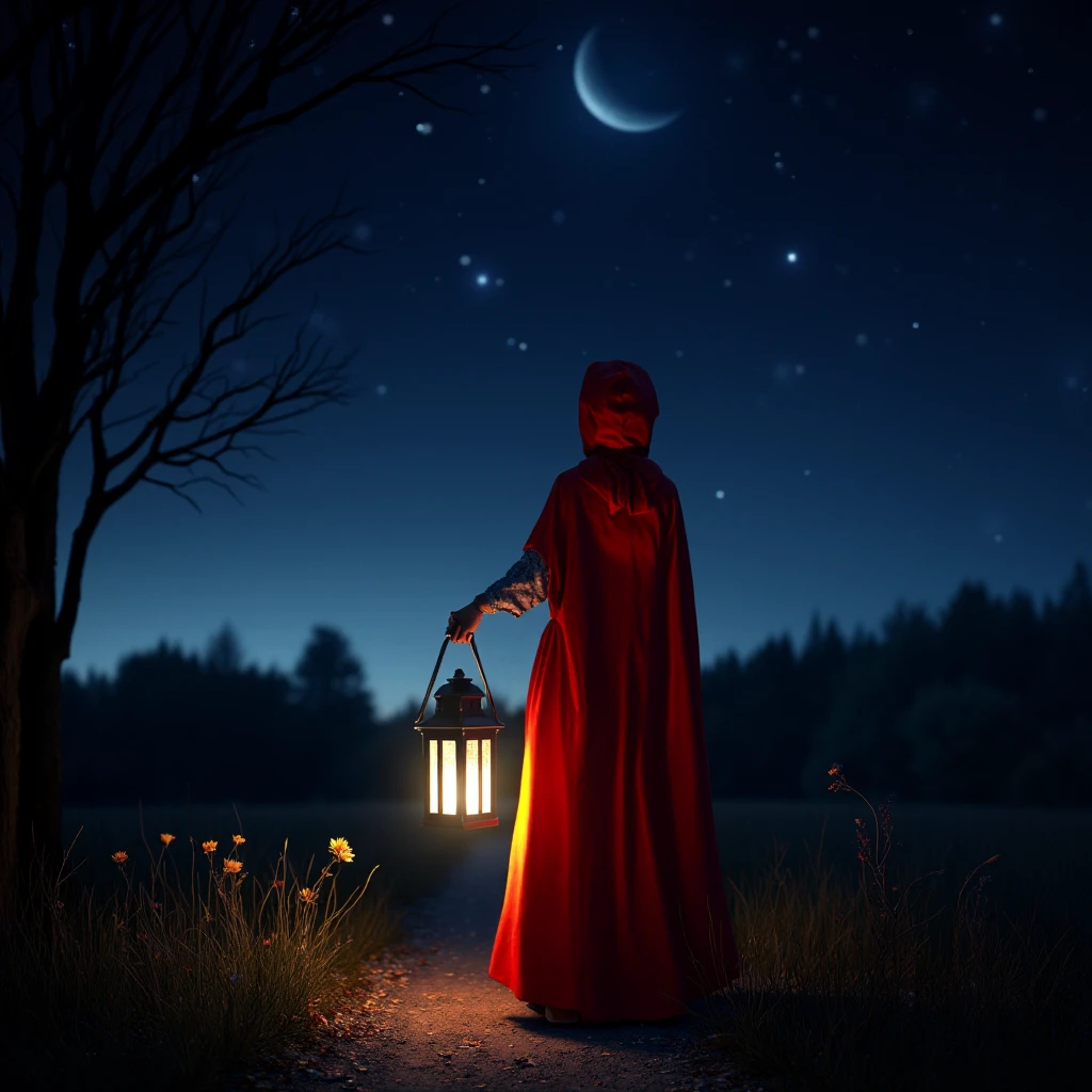 cinematic film still of  <lora:Little Red Riding Hood v1:0.8>
Little Red Riding Hood a girl in a red cloak holding a lantern in the middle of a night, solo, holding, standing, flower, outdoors, sky, hood, from behind, tree, night, grass, star (sky), night sky, scenery, nature, starry sky, lantern, lamp, dark, path, holding lantern, from behind, back, shallow depth of field, vignette, highly detailed, high budget, bokeh, cinemascope, moody, epic, gorgeous, film grain, grainy