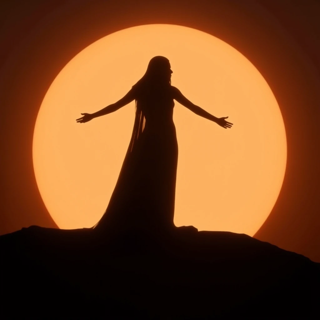 cinematic film still of  <lora:Egyptian mythology style v2:0.8>
In anime cartoon style a silhouetted woman from behind standing on a hill with a long veil and solar eclipse of glowing sun, perfect image, perfect body, perfect anatomy, sharp image, detailed image, Kodak film, high quality photography, Egyptian mythology style, solo, standing, backlighting, sun, silhouette, long hair, 2girls, moon, sunset, outstretched arms, light, shallow depth of field, vignette, highly detailed, high budget, bokeh, cinemascope, moody, epic, gorgeous, film grain, grainy