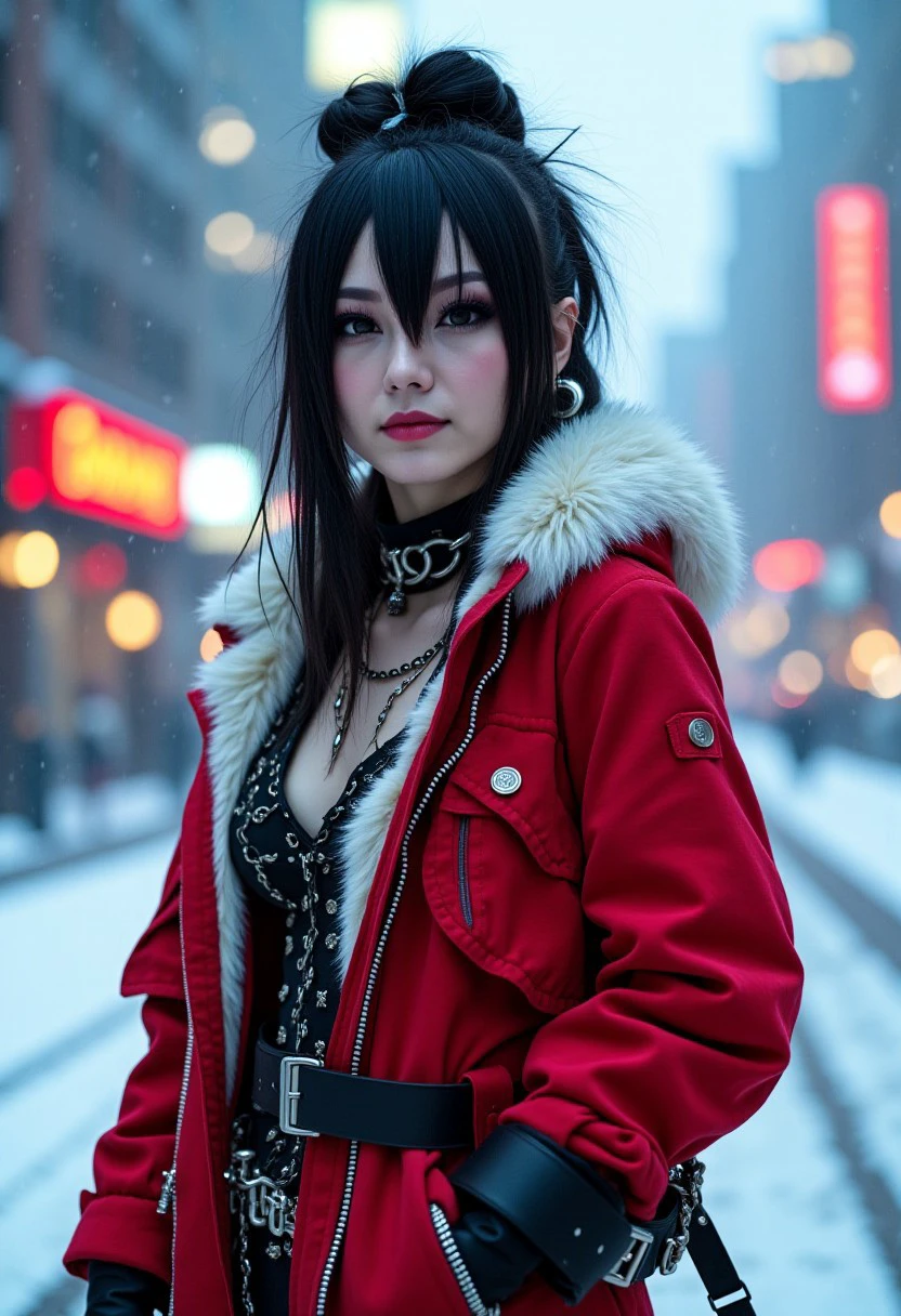 a high quality hyper realistic photograph of AmeshinBoo, with jet black hair, wearing a Christmas red outfit with white fur trim in a gothic punk style with chains and buckles, standing in front of a snowy cyberpunk city background