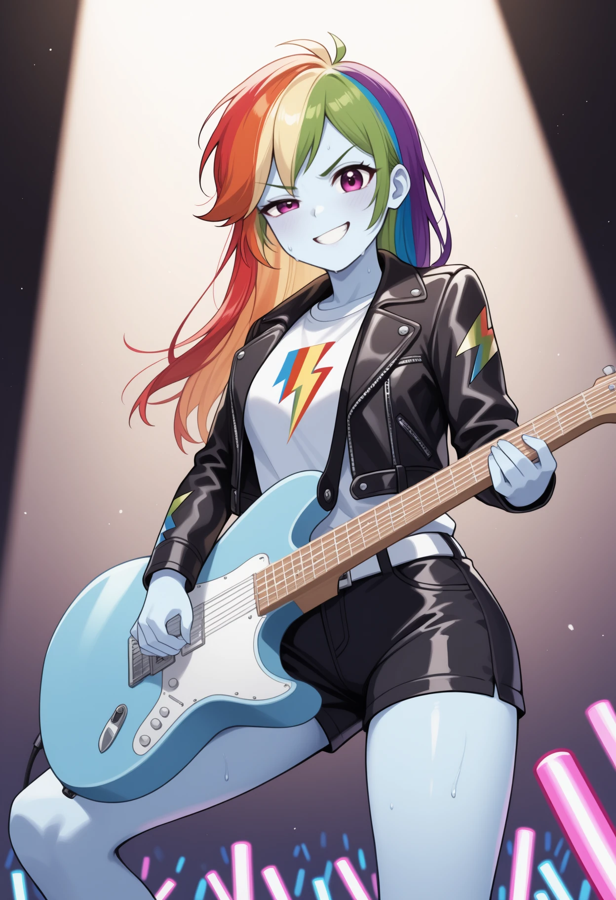 masterpiece, best quality, <break> solo, 1girl, rbwdsh, blue skin, sweat, grin, looking at viewer, standing, knee up, playing instrument, holding guitar, electric guitar, long hair, rainbow hair, green hair, blonde hair, red hair, blue hair, purple eyes, uneven eyes, v-shaped eyebrows, black jacket, leather jacket, open jacket, long sleeves, white shirt, print shirt, lightning bolt symbol, black shorts, short shorts, white belt, concert, spotlight, light particles, glowstick
<segment:yolo-Anzhc Face seg 640 v2 y8n.pt,0.4,0.5//cid=1>