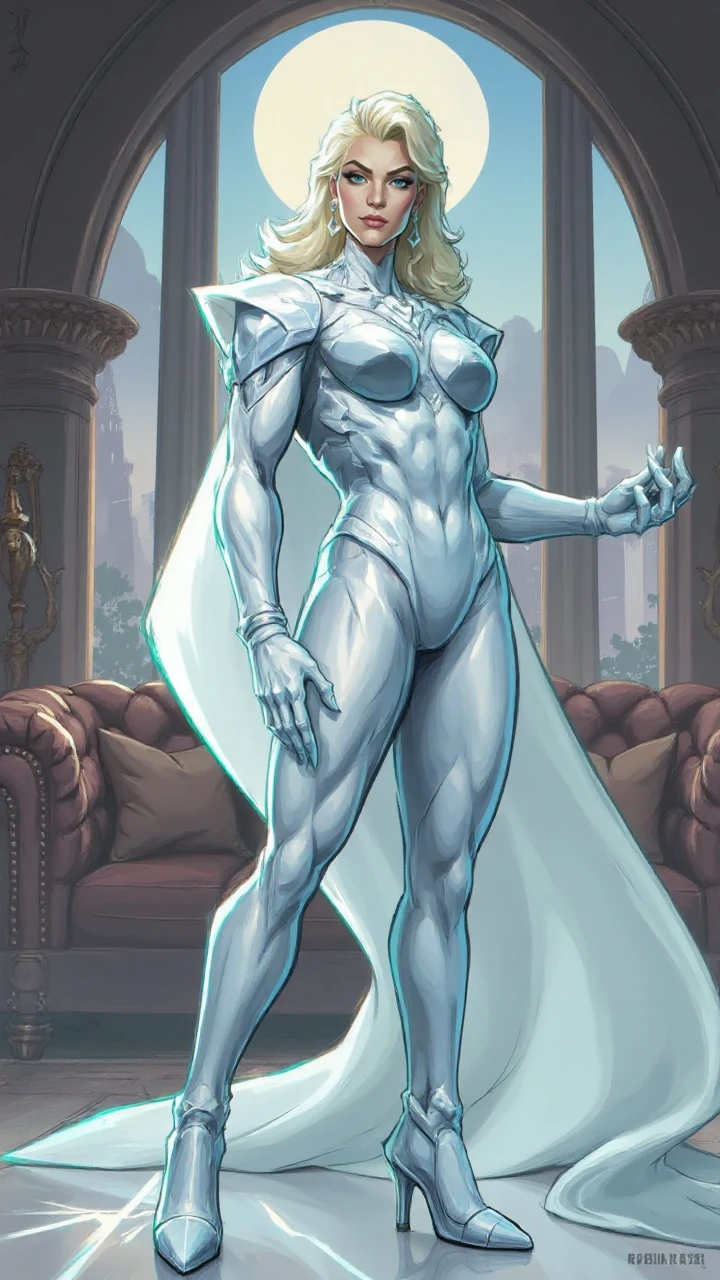 rivals, Picture Emma Frost, the White Queen, standing poised and regal in the midst of an opulent, modern-day mansion. Her appearance exudes both elegance and powerâher platinum blonde hair cascading in sleek waves around her shoulders, the sharpness of her features accentuated by a cold, calculating expression. Her outfit is her iconic white diamond-studded bodysuit, molded perfectly to her lithe, athletic frame. The diamond facets of her suit shimmer with an ethereal glow, reflecting the room's light and creating an almost hypnotic aura around her. Her high-heeled boots click softly on the marble floor, a symbol of her commanding presence. Her striking, blue eyes gleam with intelligence and sharp wit, showing no fear, only the quiet confidence of a master manipulator.
As she stands in front of a floor-to-ceiling window, the moonlight bathes her in silver, casting a radiant glow on her diamond-like skin as her powers manifest. She is both the powerful telepath and the formidable diamond form, her body slowly transforming into a solid, glittering structure of diamondâbrilliant and unbreakable. Her hand is raised, fingers delicately poised, as if manipulating the very thoughts of those around her, a gesture that shows both her control and her calculated nature. The atmosphere around her is one of quiet tension, as if she holds all the secrets of the world, her icy demeanor remaining unshaken in the face of danger<lora:Rivals_FLUX:1>