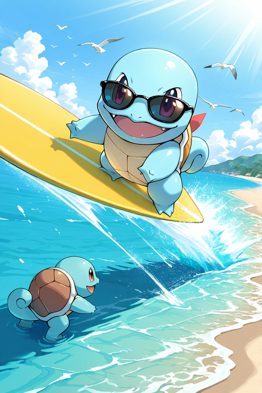 masterpiece, best quality,   <lora:SquirtlePokedexIXL:1.0>,   zzSquirtle, surfboard, riding a massive wave, tropical ocean, sunglasses, casual grin, beach in the distance, seagulls flying, water spray, extreme sports, sunny day