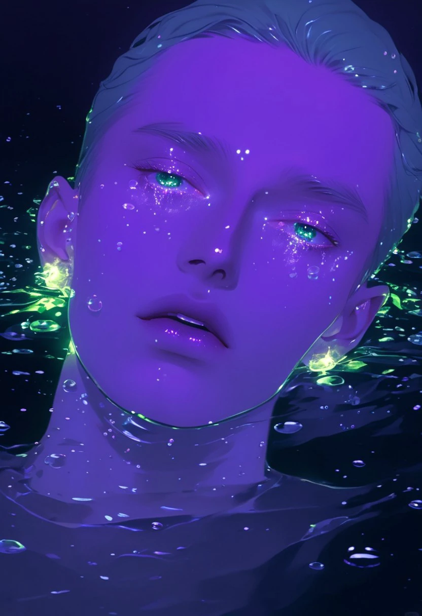 AR71B,best quality, master piece, highres, best aesthetic,yellow short messy hair, green eyes,(man:1.5),(male,drowning, topless,look at viewer), (mouth submerge), (surround by many bubbles), body underwater, fluorescent, yellow sclera, (naked:1.3), nipples, reflection, (darkness:1.9), (violet hair:1.5), (gorgeous), ultraviolet,aaAR7gl, skinny, dynamic, (open mouth:1.9), (breathe heavy:1.9), head tilt,floating, (full lips),(crying, muscular:1.5),transparent, realistic,glass,shiny, sparkle,gl4ssj3m, neckless, ear piercing, raining,floating