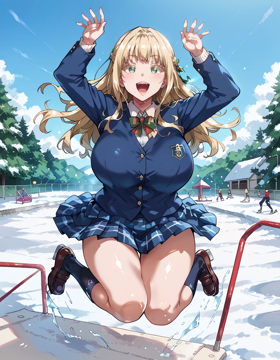 <lora:louise_richter:1> louise_richter, blonde_hair, huge_breasts, green_eyes long_hair, school_uniform, (full_body, solo:1.2), score_9, score_8_up, score_7_up, source_anime, rating:safe, (close_up:1.3), jumping, excited, cheerful, arms_up, open_mouth, playful, playground, bouncy, ice_skating_rink, ice, snow, people_skating, Christmas_lights, winter, cozy, festive