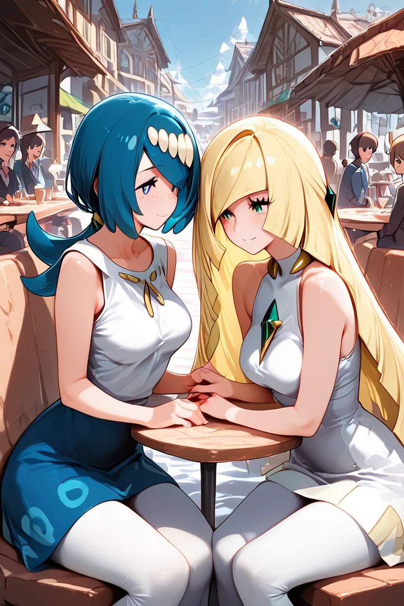 score_9, score_8_up, score_8, medium breasts, (curvy), cute, eyelashes, ,,,  LsLm, long hair, blush, smile, open mouth, blue eyes, skirt, blonde hair, large breasts, shirt, dress, bare shoulders, sitting, very long hair, closed mouth, green eyes, blue hair, white shirt, ponytail, pantyhose, outdoors, sleeveless, day, pants, white dress, yuri, hair over one eye, looking at another, blue skirt, bare arms, eyelashes, sleeveless shirt, sleeveless dress, holding hands, chair, table, gem, interlocked fingers, eye contact, freckles, mature female, leggings, zzLusamine,  <lora:LusamineLamamaPDXL_v2:1.0>   ,,, ,,, embedding:zPDXL, Expressiveh, <lora:Expressive_H-000001:0.4>,  <lora:ProAnime_PDXL_v1:0.8>,