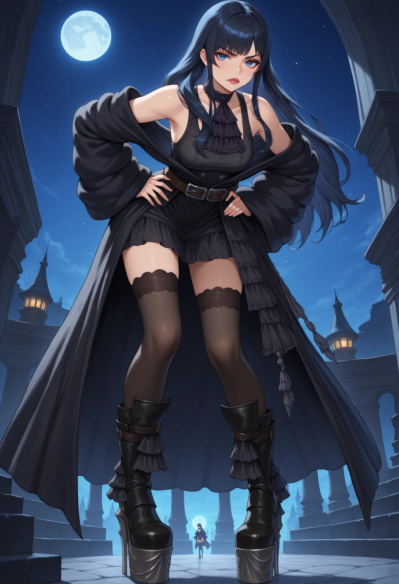 masterpiece, best quality,  1girl, starry sky, full moon, looking to the side, standing, looking at viewer, glaring, hands on own hips, leaning forward, from below, 
 gaia_xiv, blue eyes, lips, black hair, black dress, boots, choker, belt, black thighhighs, bare shoulders, off shoulder, detached sleeves, platform footwear,   <lora:GaiaIL:1>