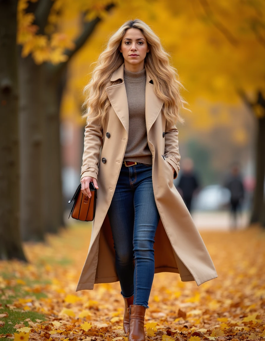 woman, shakira, Walking through a park in autumn wearing a beige trench coat, <lora:shakira:1>