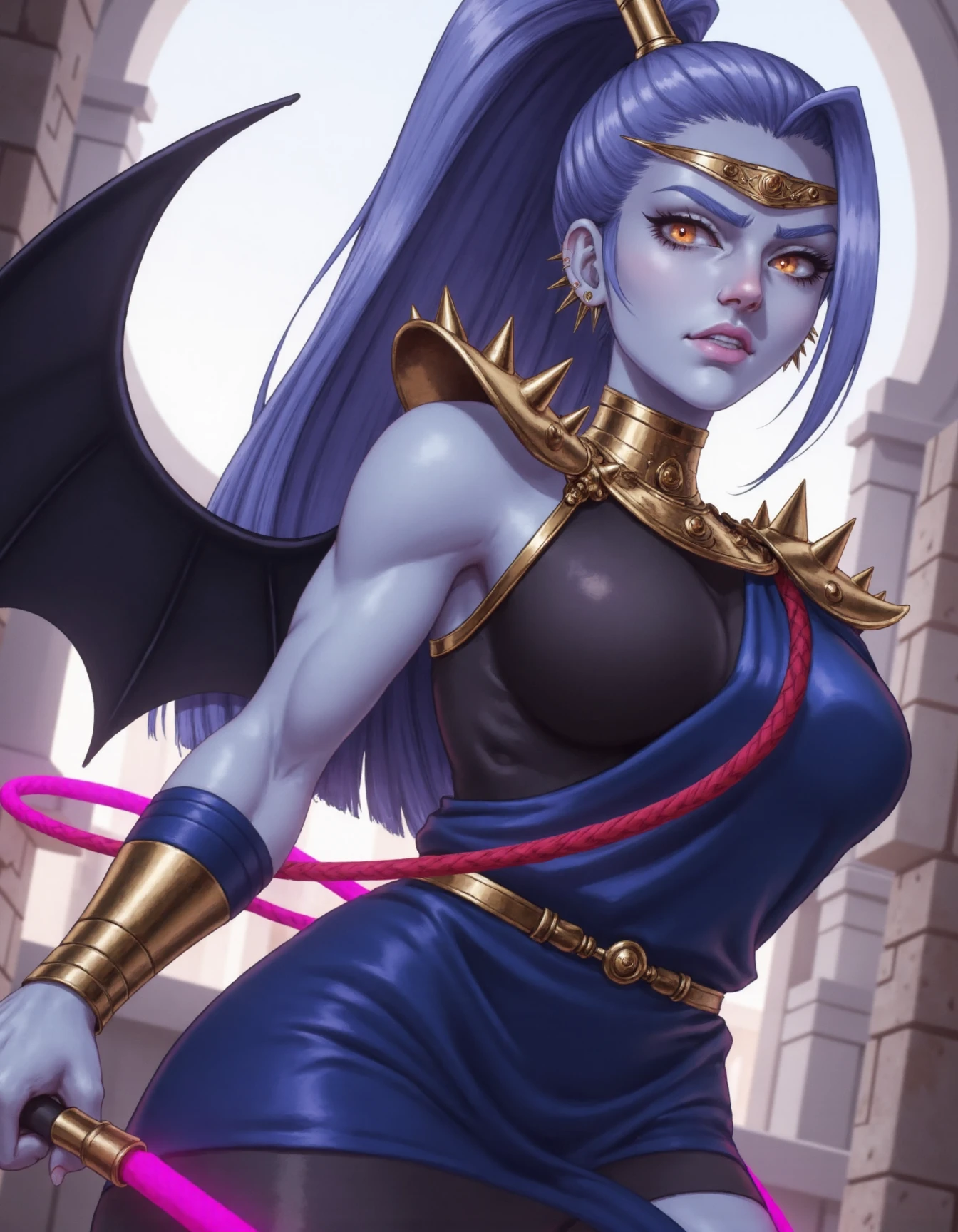 photo realistic image of  Megaera, a powerful, athletic female character with a striking, stylized appearance with hair tied in a ponytail, she has  a single wing. She is depicted in a dynamic, low-angle view, looking up towards the viewer with a confident, fierce expression. She has light blue skin, a striking contrast to her long, dark purple hair, which cascades down her back. Her eyes are a piercing, glowing white, giving her an otherworldly appearance.
she holds a pink whip.
<lora:megaeraFlux:1>