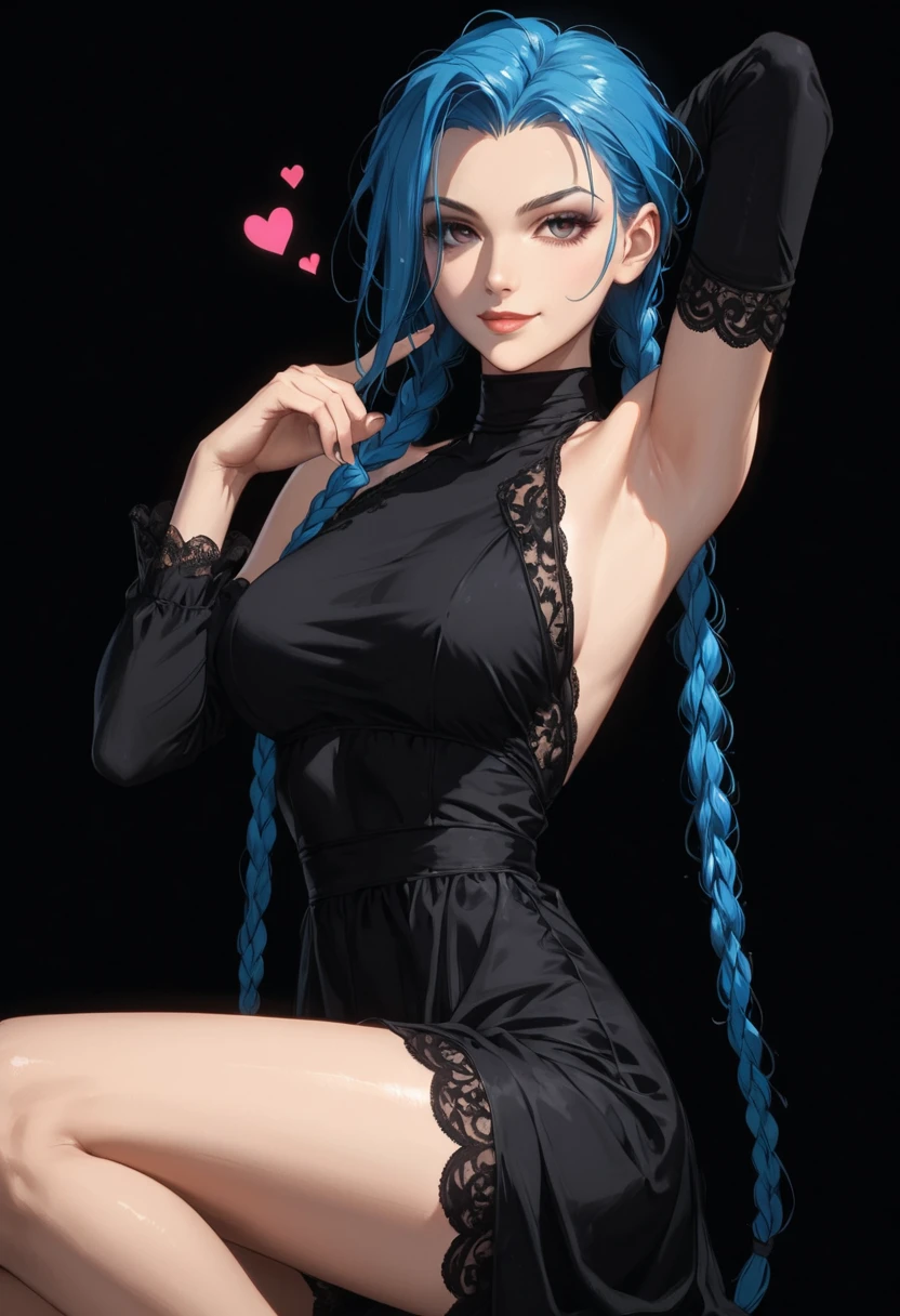 score_9,score_8_up,score_7_up,very aesthetic  ,1girl,jinx,cute, pretty, perfect body ,petite,sexy, huge breasts covered,perfect breasts, narrows eyes, yandere , small smirking ,heart, blue hair,Tilt head ,long sleeve black dresses,black lace bodysuit, Raising one hand behind Head in Arrogant Pose,rest cheek on one hand,bare shoulder,bare armpits,expressionless,thighs,soft abs,full body,legs dresses,
,simple background,(black background)